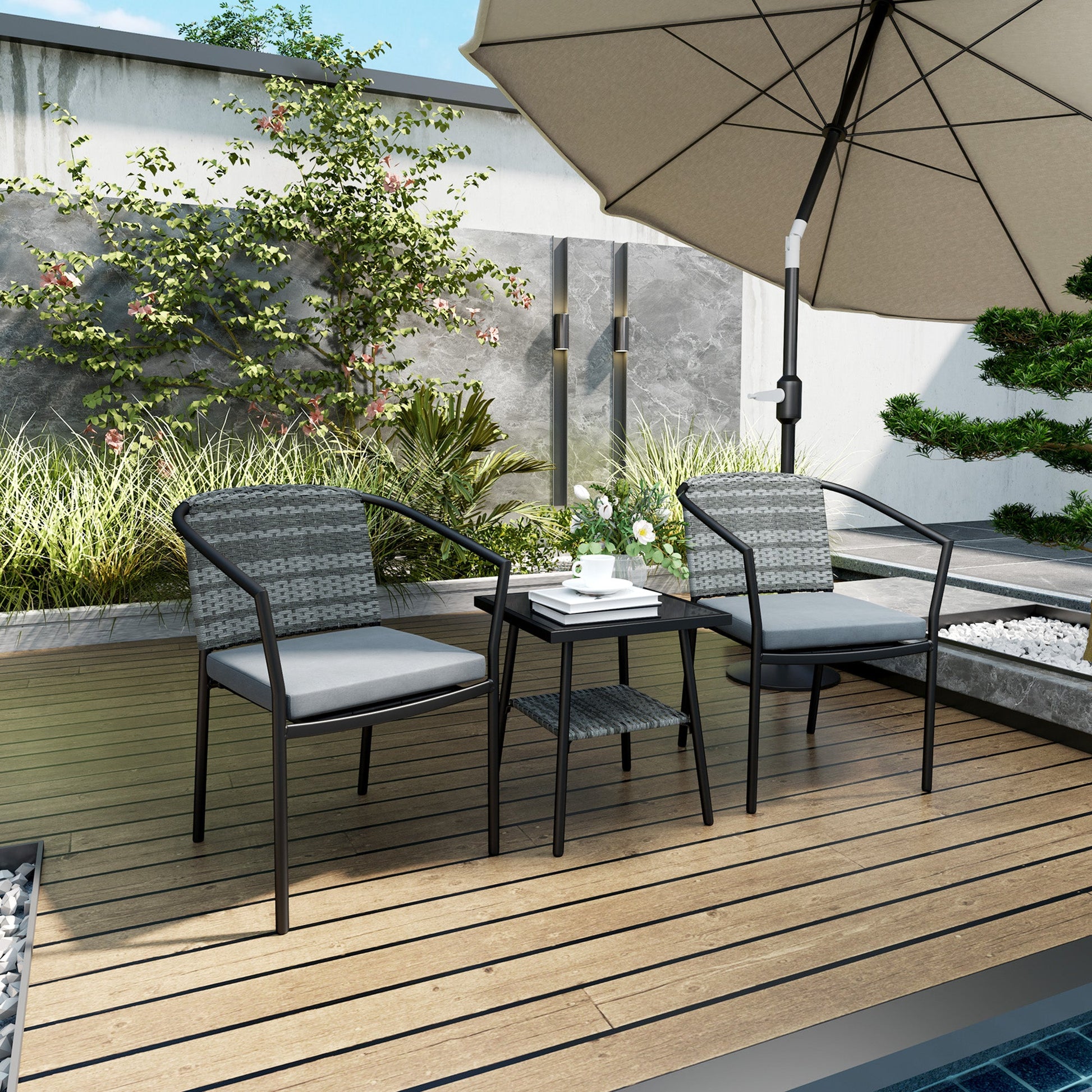 3 Piece Wicker Patio Furniture Set, PE Rattan Bistro Set with Armchairs, 2-Tier Glass-Top Table, Cushions, Outdoor Conversation Furniture for Porch, Balcony, Dark Grey