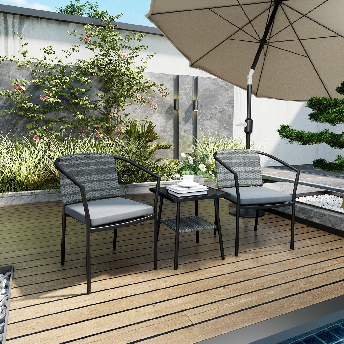 3 Piece Wicker Patio Furniture Set, PE Rattan Bistro Set with Armchairs, 2-Tier Glass-Top Table, Cushions, Outdoor Conversation Furniture for Porch, Balcony, Dark Grey
