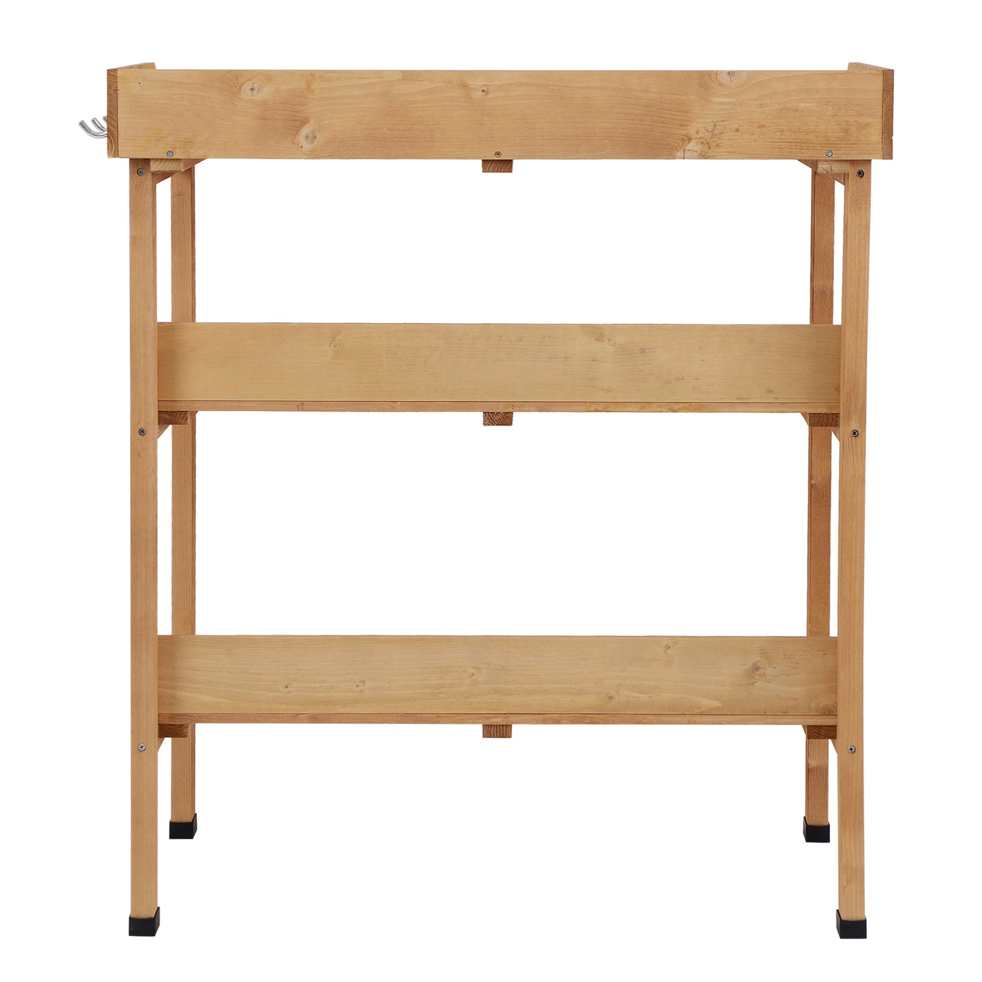 Outdoor Potting Bench, Wooden Potting Table with Storage Shelf, Metal Table Top, Hooks for Backyard, Patio, Balcony, Natural