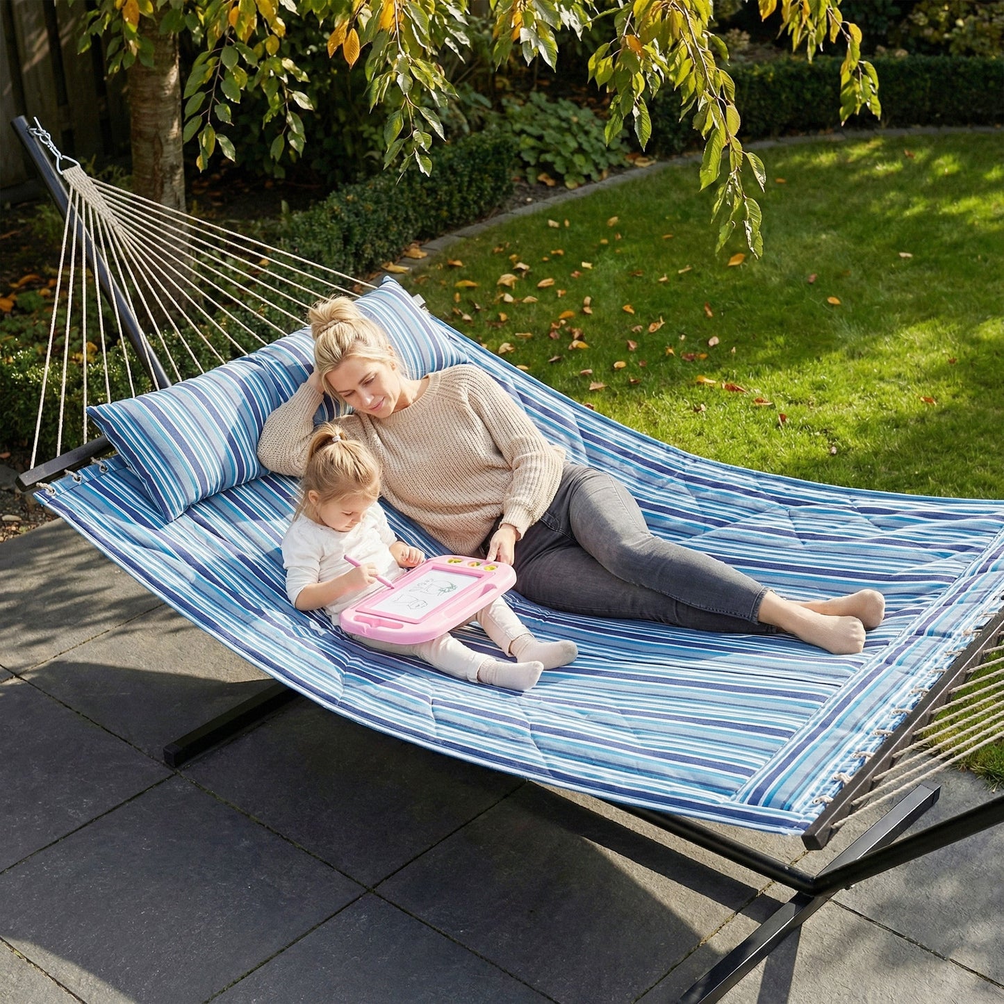 Outdoor Hammock with Stand, Detachable Pillow and Spreader Bars, Heavy Duty Hammock for Outdoor, 264 lbs Capacity Steel Stand, Blue