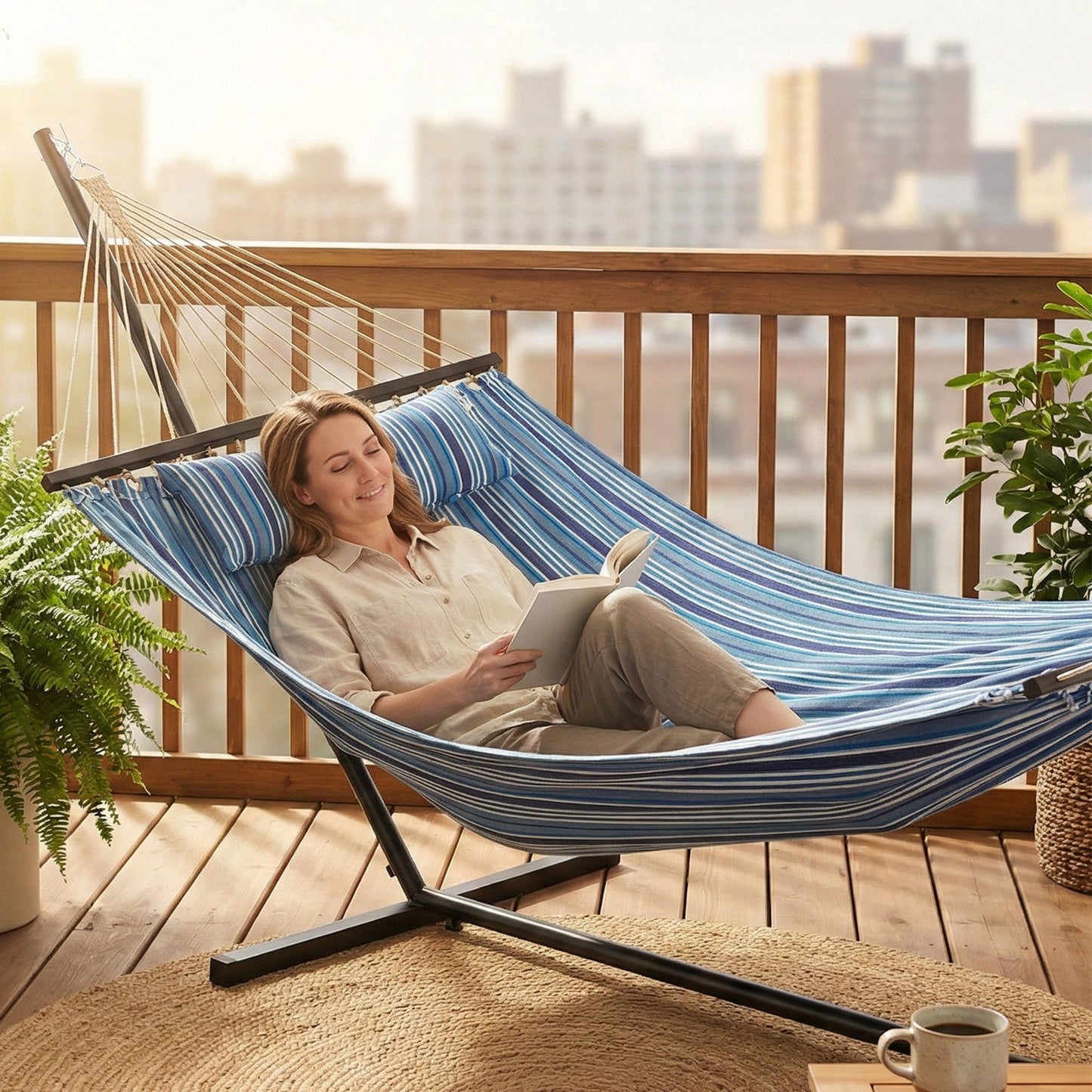 Outdoor Hammock with Stand, Detachable Pillow and Spreader Bars, Heavy Duty Hammock for Outdoor, 264 lbs Capacity Steel Stand, Blue