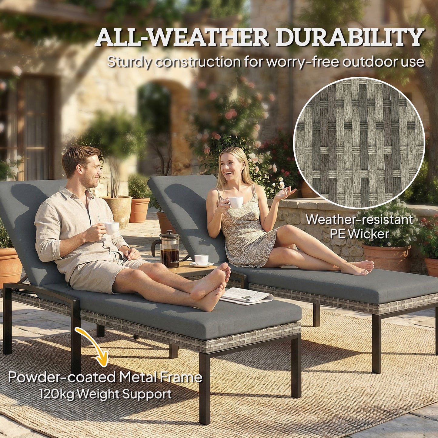 Chaise Lounge Chairs Outdoor, Set of 2 Wicker Patio Lounge Chairs with 5-Level Adjustable Backrest, Cushion, Rattan Sun Reclining Lounger for Backyard, Garden, Light Grey