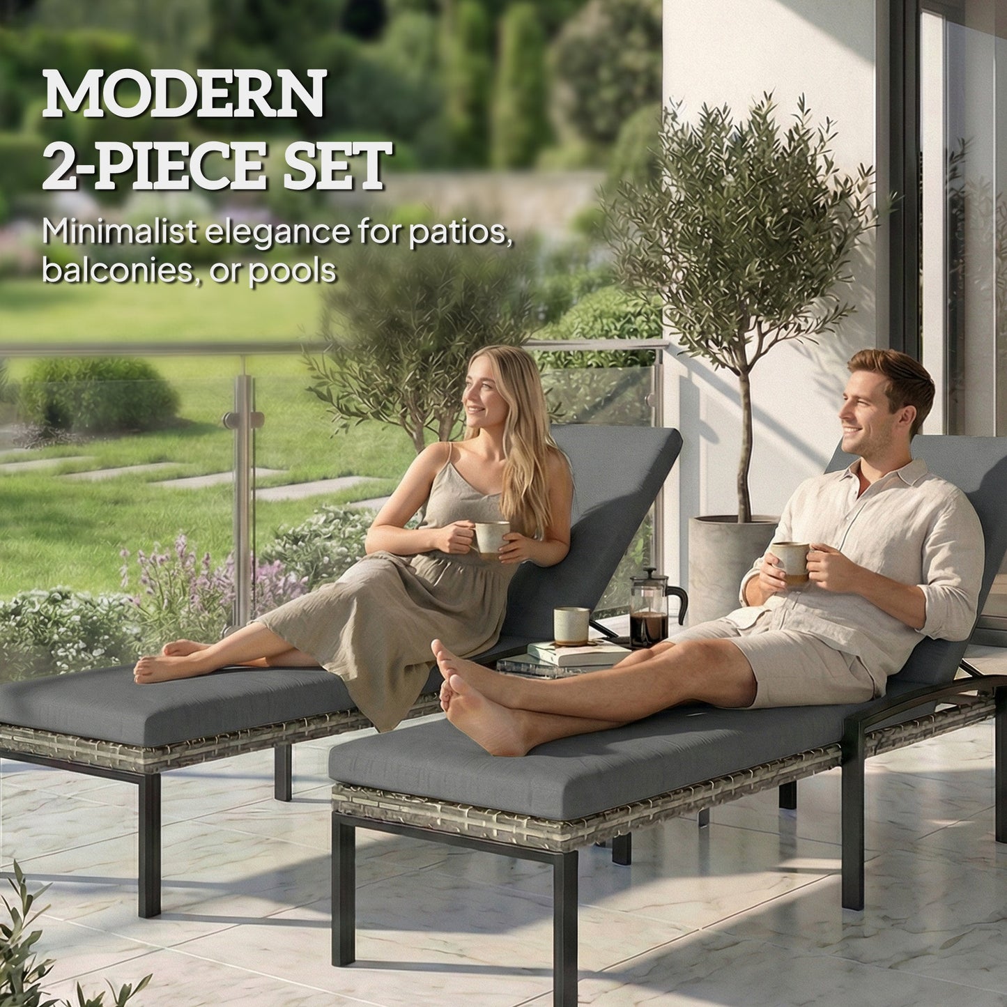 Chaise Lounge Chairs Outdoor, Set of 2 Wicker Patio Lounge Chairs with 5-Level Adjustable Backrest, Cushion, Rattan Sun Reclining Lounger for Backyard, Garden, Light Grey