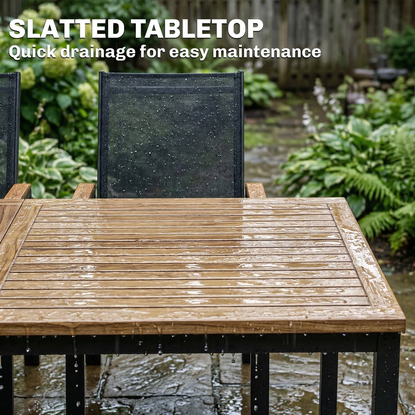 7 Piece Outdoor Dining Set, Rectangle Patio Table and 6 Mesh Chairs with Slatted Tabletop, All Weather Outdoor Dining Furniture Set for Backyard, Deck, Garden, Black