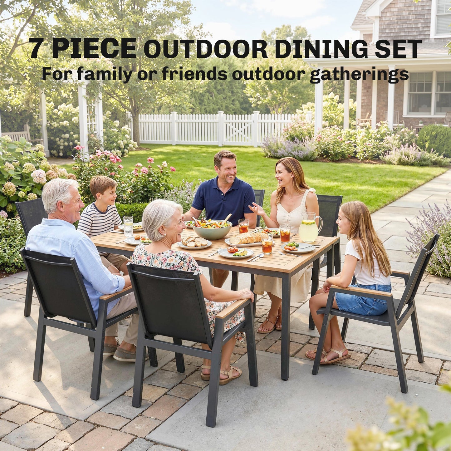 7 Piece Outdoor Dining Set, Rectangle Patio Table and 6 Mesh Chairs with Slatted Tabletop, All Weather Outdoor Dining Furniture Set for Backyard, Deck, Garden, Black