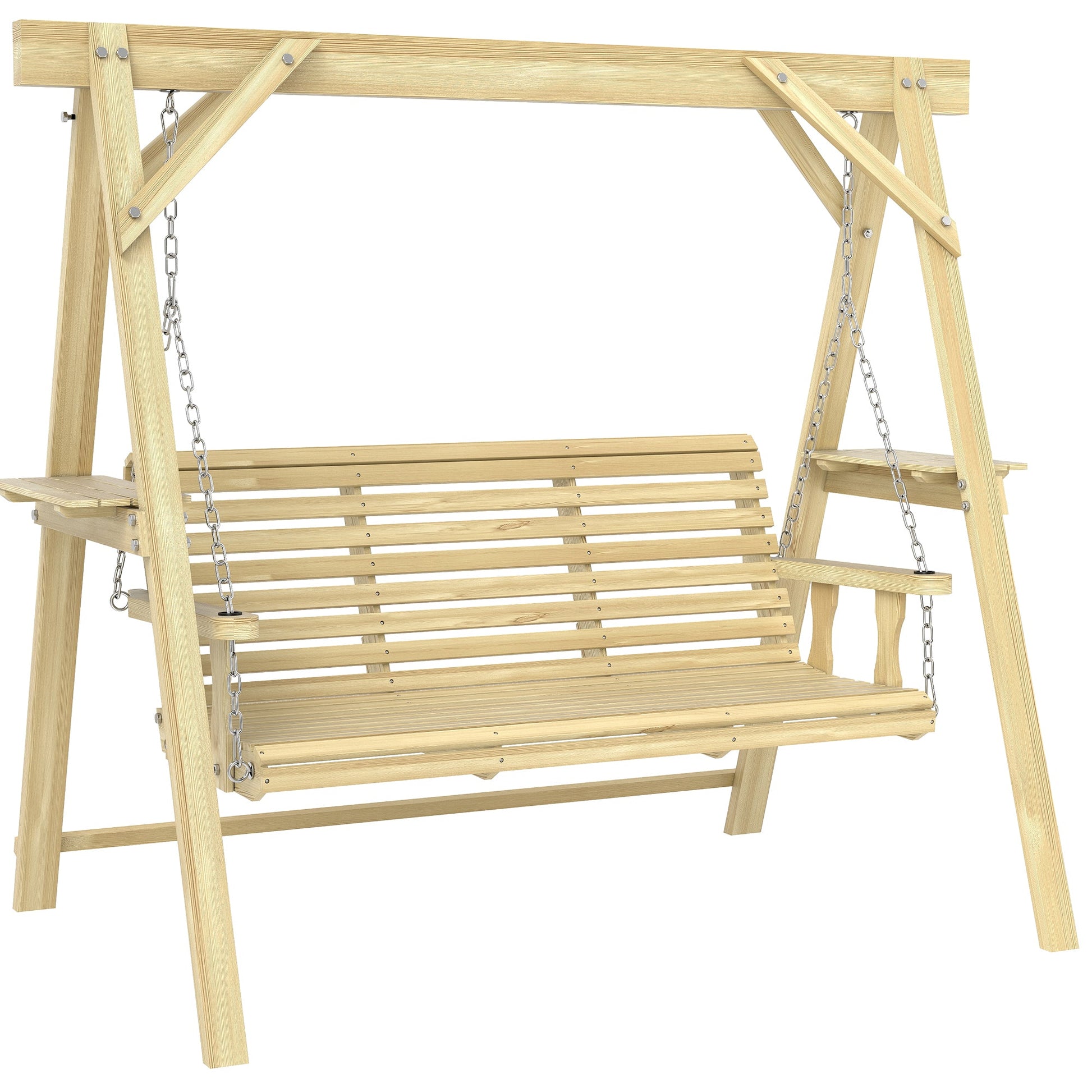 3 Seat Porch Swing with Stand, Wooden Patio Swing Chair with Side Tables and Metal Chains, Outdoor Swing Bench for Garden, Poolside, Backyard, Natural Wood