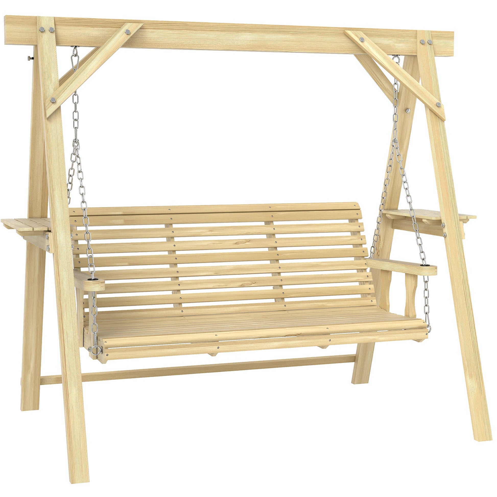 3 Seat Porch Swing with Stand, Wooden Patio Swing Chair with Side Tables and Metal Chains, Outdoor Swing Bench for Garden, Poolside, Backyard, Natural Wood