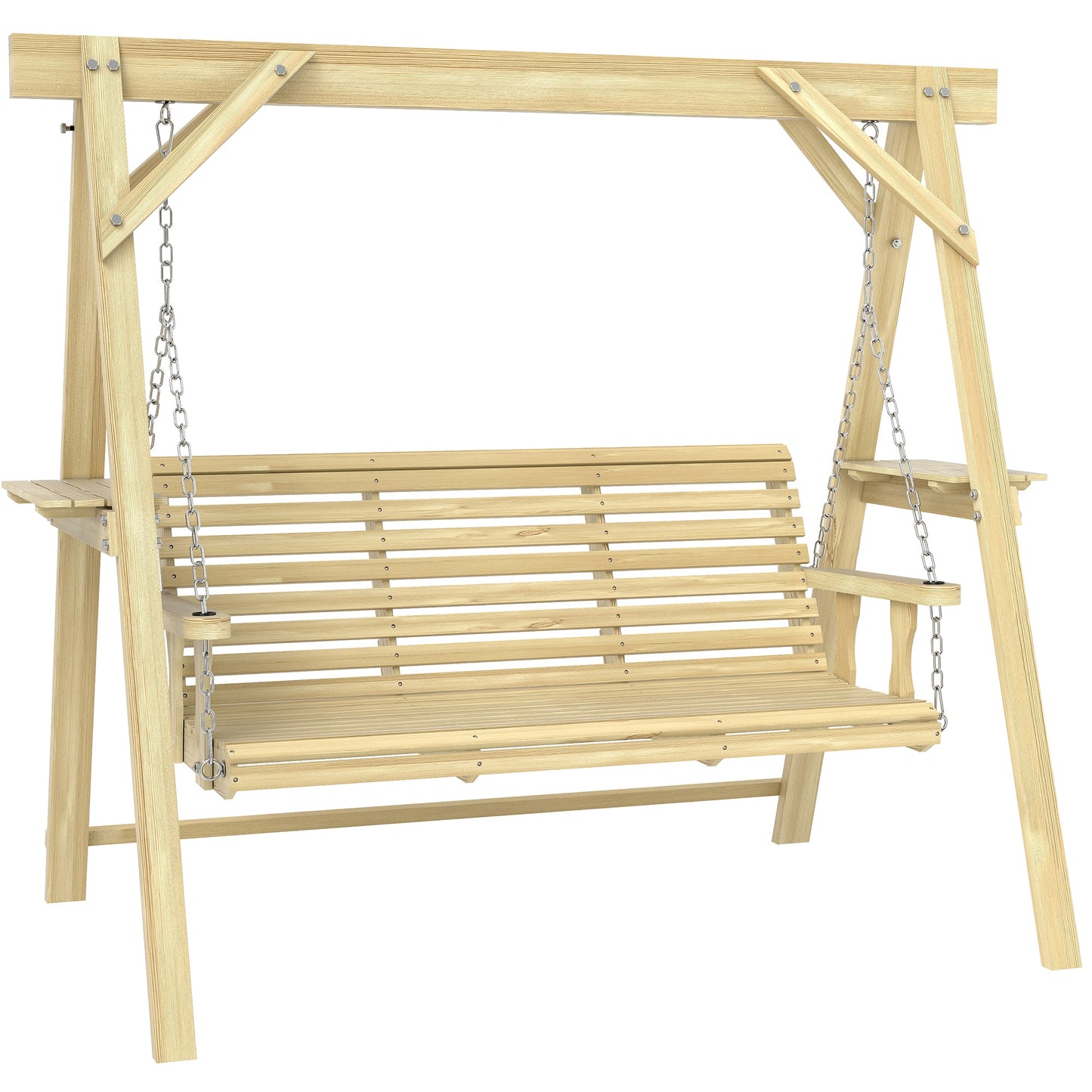 3 Seat Porch Swing with Stand, Wooden Patio Swing Chair with Side Tables and Metal Chains, Outdoor Swing Bench for Garden, Poolside, Backyard, Natural Wood