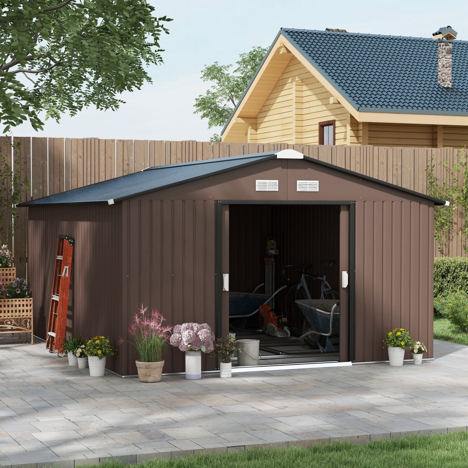 11' x 13' Garden Storage Shed with Foundation Kit, Metal Tool Storage House with Double Doors for Outdoor Patio Yard, Brown