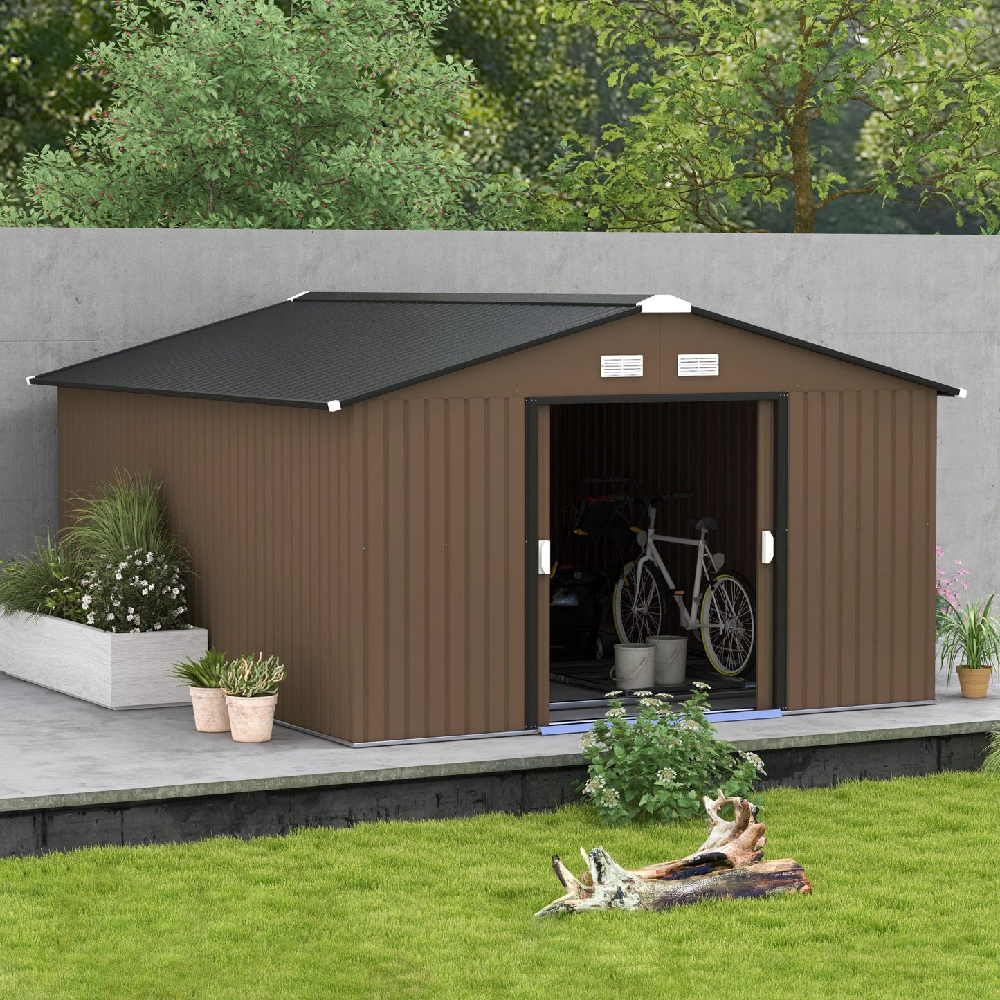 11' x 13' Garden Storage Shed with Foundation Kit, Metal Tool Storage House with Double Doors for Outdoor Patio Yard, Brown
