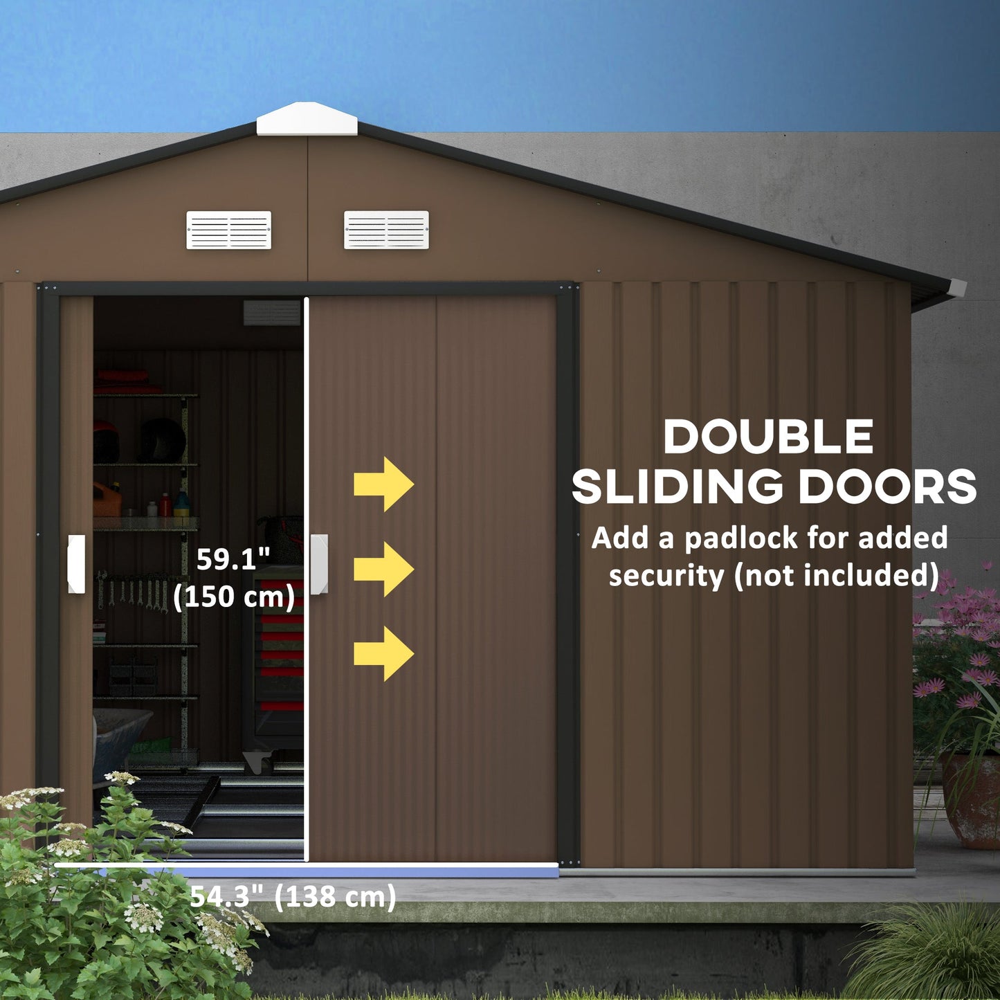 11' x 13' Garden Storage Shed with Foundation Kit, Metal Tool Storage House with Double Doors for Outdoor Patio Yard, Brown