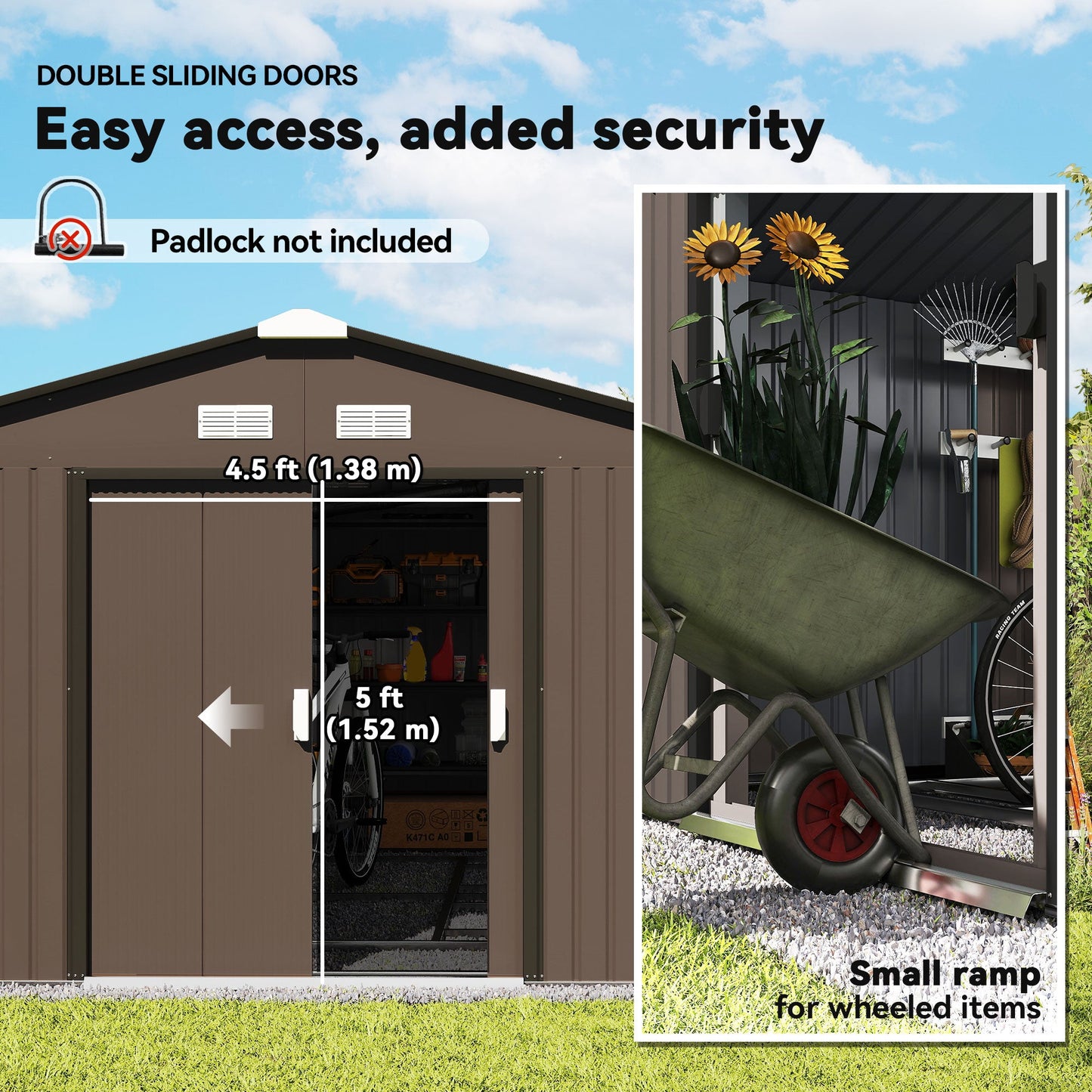 11' x 13' Garden Storage Shed with Foundation Kit, Metal Tool Storage House with Double Doors for Outdoor Patio Yard, Brown