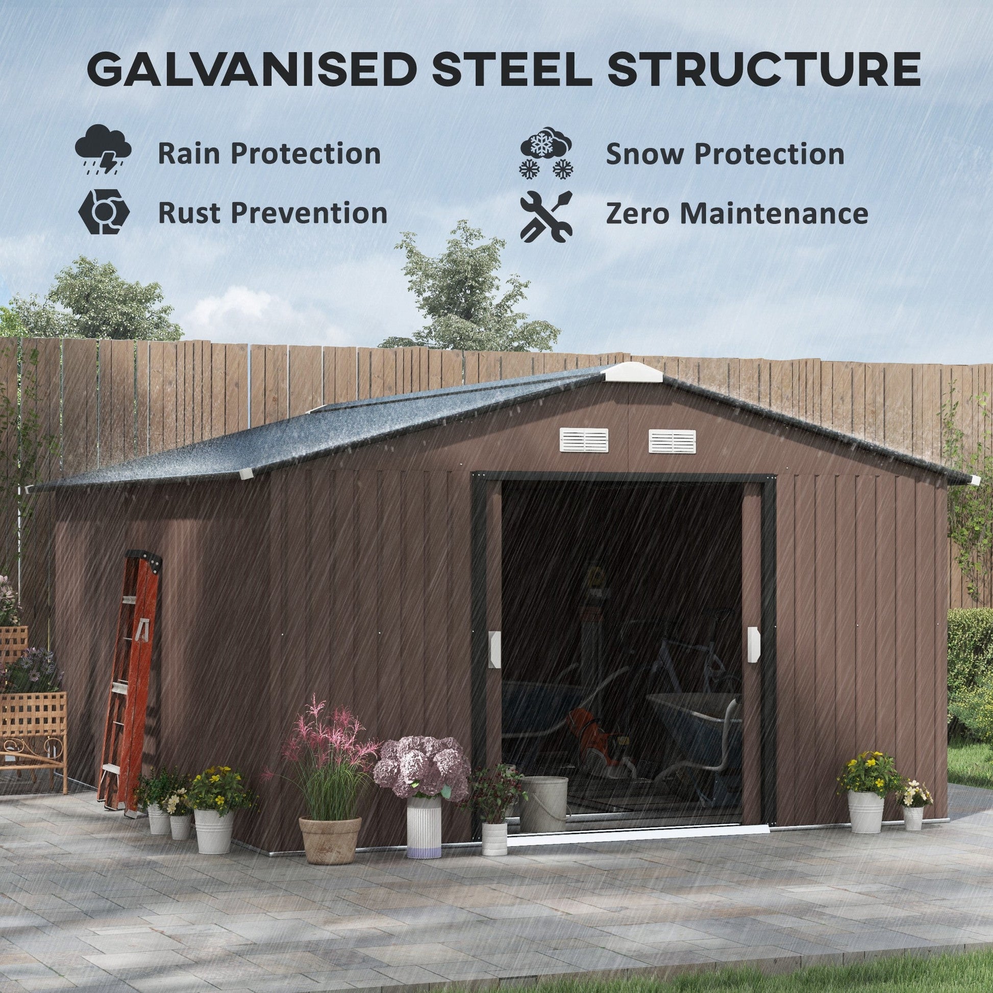11' x 13' Garden Storage Shed with Foundation Kit, Metal Tool Storage House with Double Doors for Outdoor Patio Yard, Brown