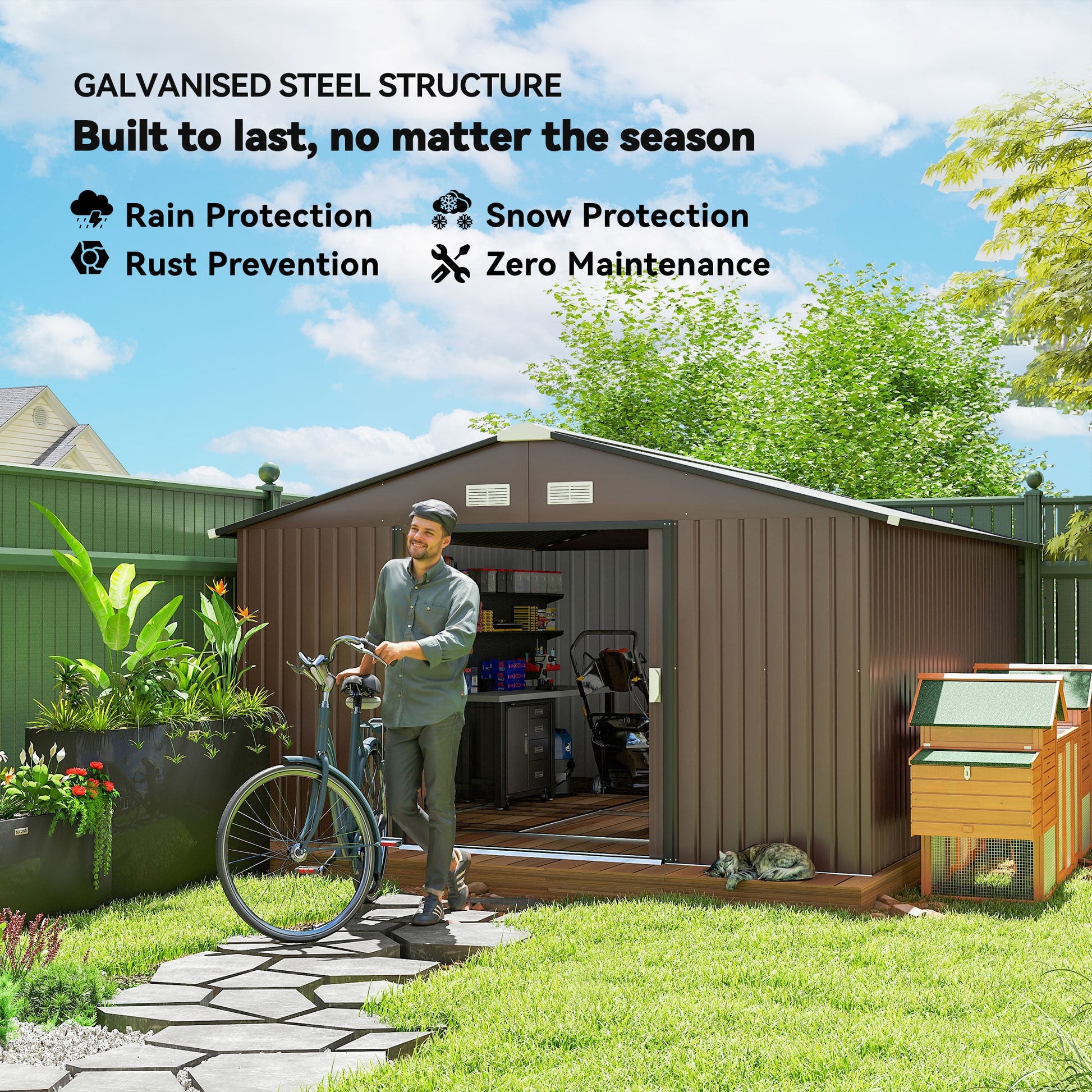 11' x 13' Garden Storage Shed with Foundation Kit, Metal Tool Storage House with Double Doors for Outdoor Patio Yard, Brown