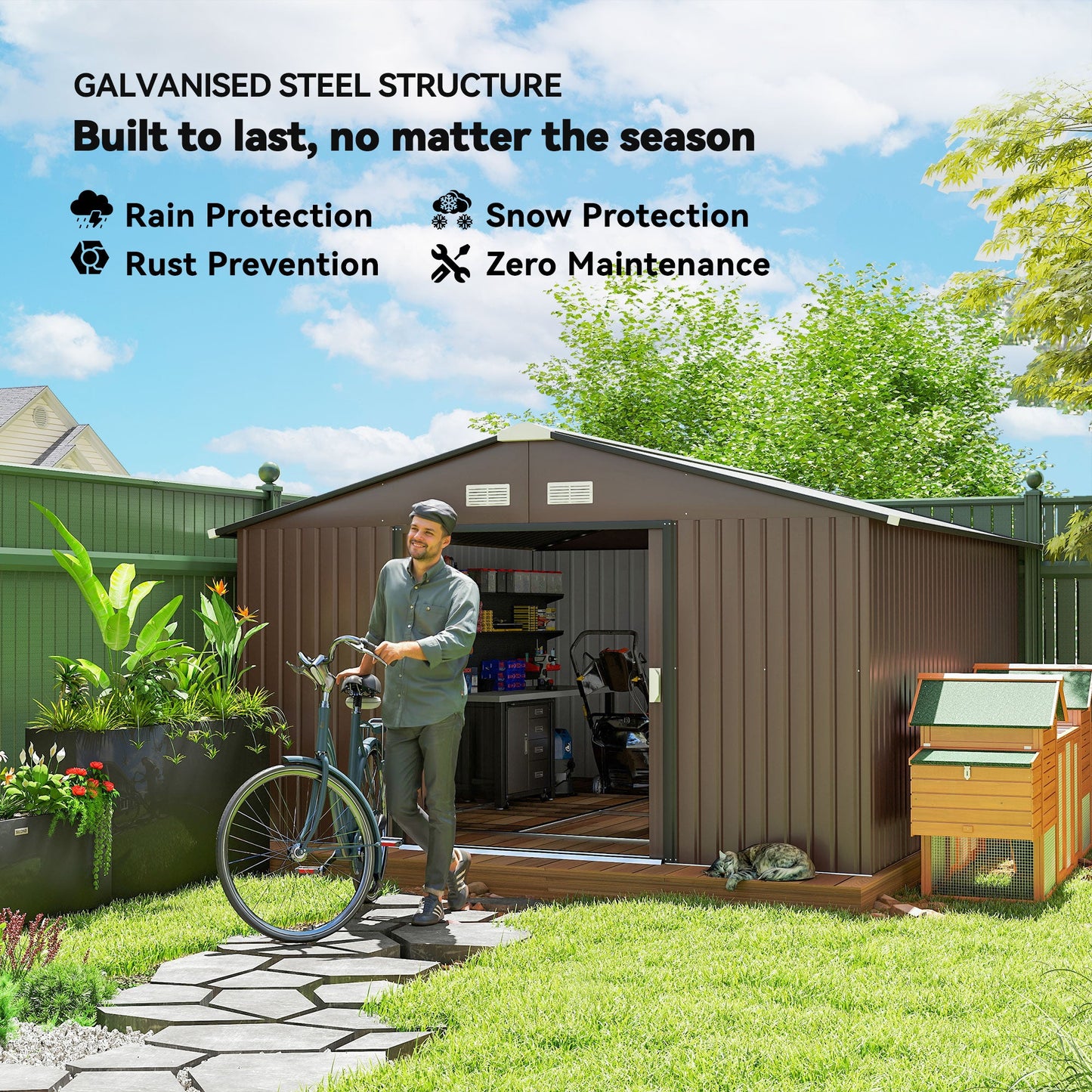 11' x 13' Garden Storage Shed with Foundation Kit, Metal Tool Storage House with Double Doors for Outdoor Patio Yard, Brown