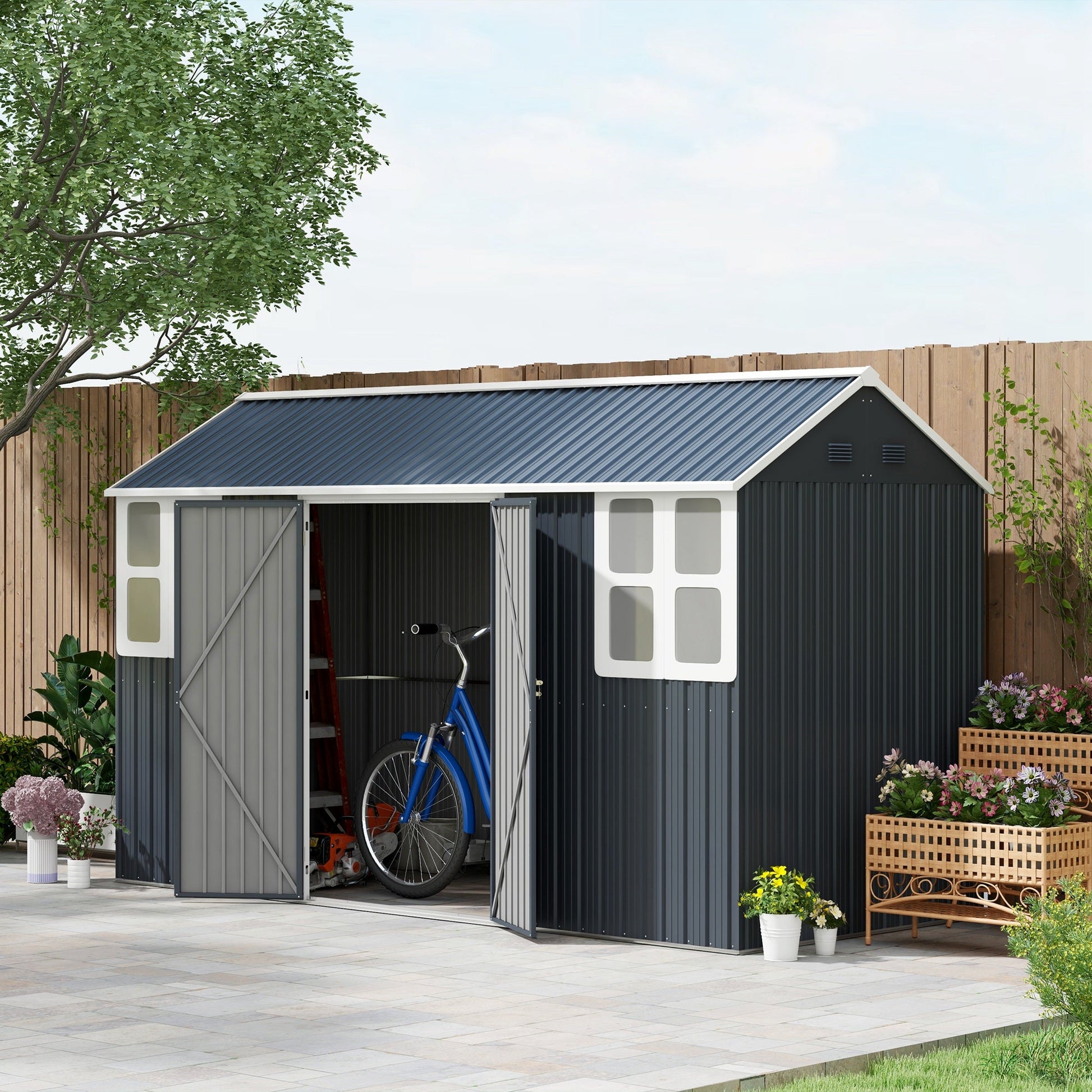 12' x 5.5' Outdoor Storage Shed, Metal Garden Shed Storage House with Window, Lockable Door, Vents, for Backyard, Patio, Lawn, Dark Grey