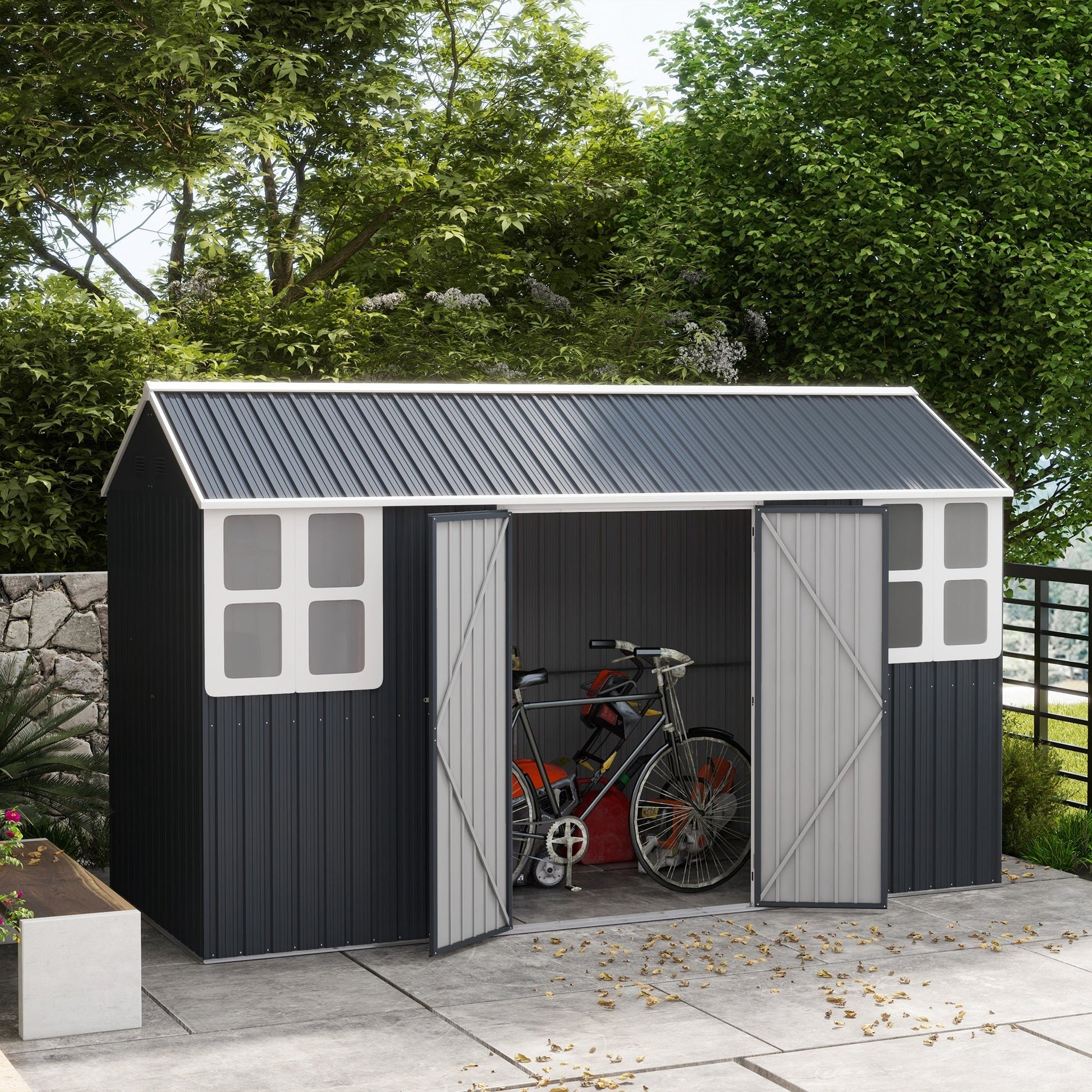 12' x 5.5' Outdoor Storage Shed, Metal Garden Shed Storage House with Window, Lockable Door, Vents, for Backyard, Patio, Lawn, Dark Grey