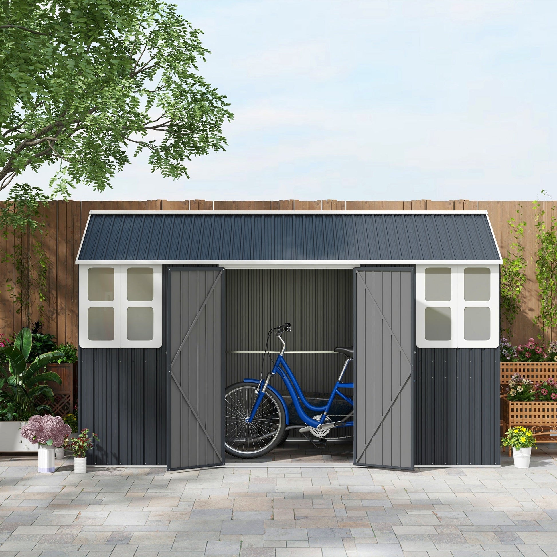 12' x 5.5' Outdoor Storage Shed, Metal Garden Shed Storage House with Window, Lockable Door, Vents, for Backyard, Patio, Lawn, Dark Grey