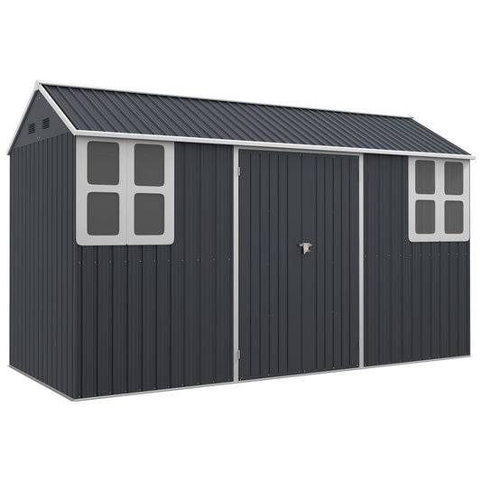 12' x 5.5' Outdoor Storage Shed, Metal Garden Shed Storage House with Window, Lockable Door, Vents, for Backyard, Patio, Lawn, Dark Grey