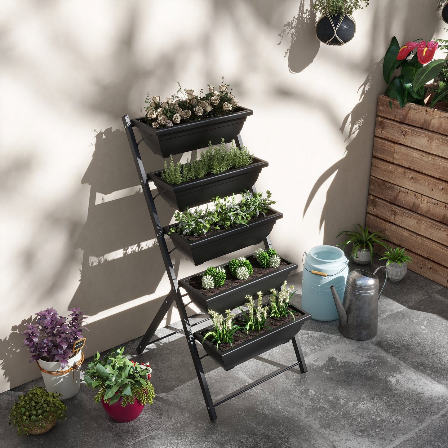 5-Tier Raised Garden Bed with 5 Planter Boxes, Outdoor Plant Stand Grow Containers with Leaking Holes for Balcony Patio Outdoor, Black