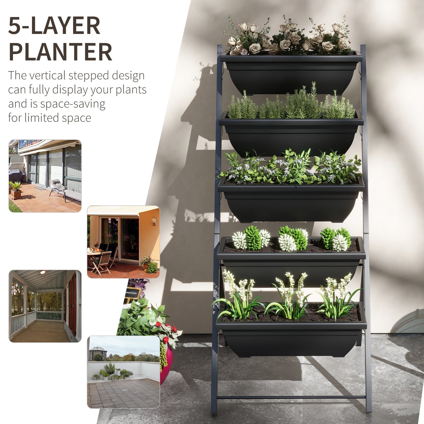 5-Tier Raised Garden Bed with 5 Planter Boxes, Outdoor Plant Stand Grow Containers with Leaking Holes for Balcony Patio Outdoor, Black