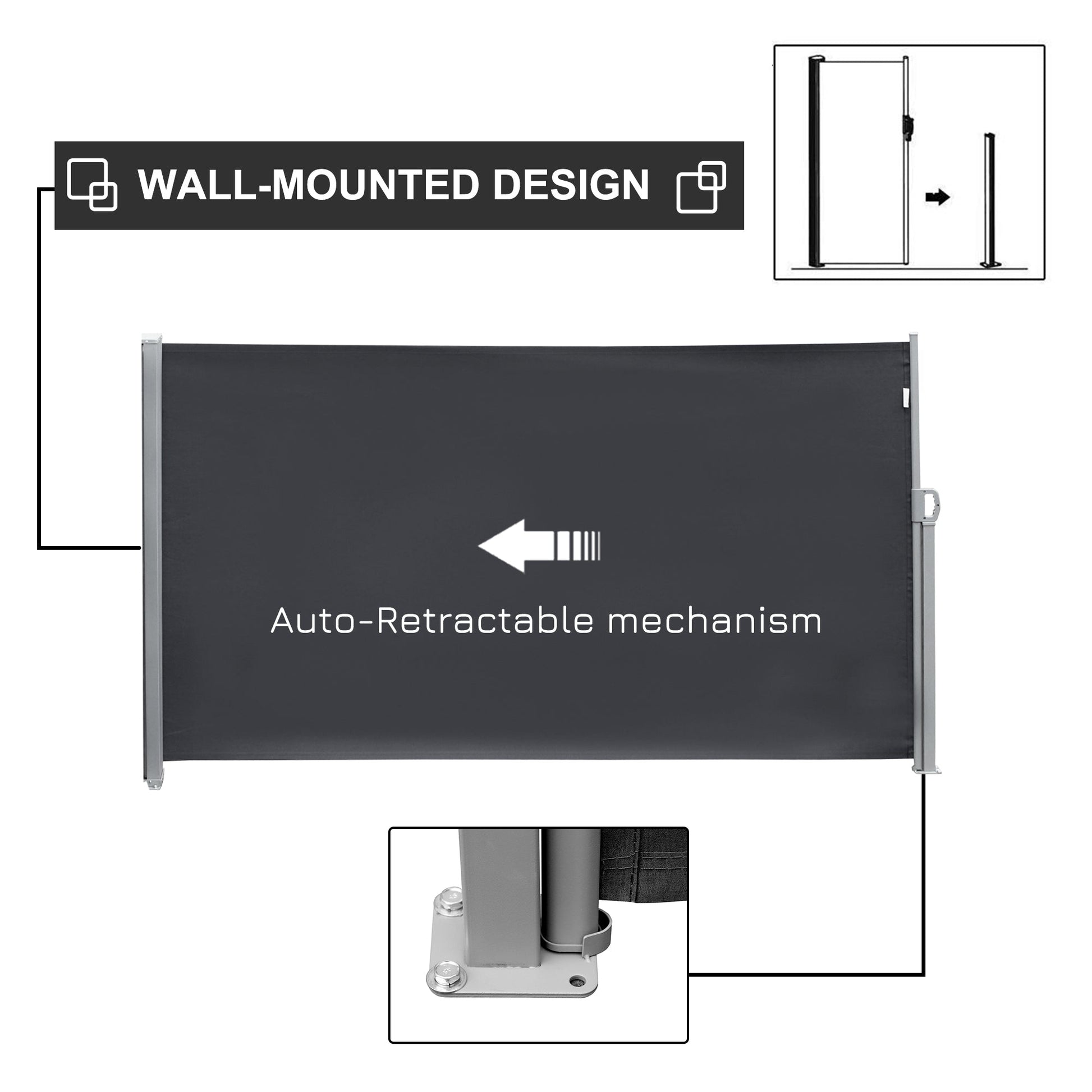 118" x 71" Retractable Side Awning Patio Outdoor Folding Privacy Screen with Resistance to UV Rays & Wind, Grey