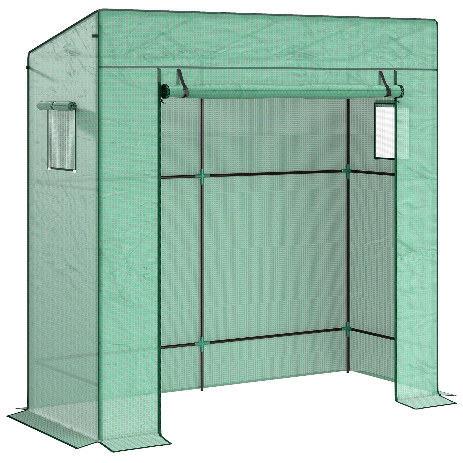 Lean-to Tomato Greenhouse with PE Cover, Walk-in Green House with Roll-up Door and 2 Mesh Windows, Portable Plant Grow House for Indoor Outdoor, 77.2"x30.3"x77.6", Green