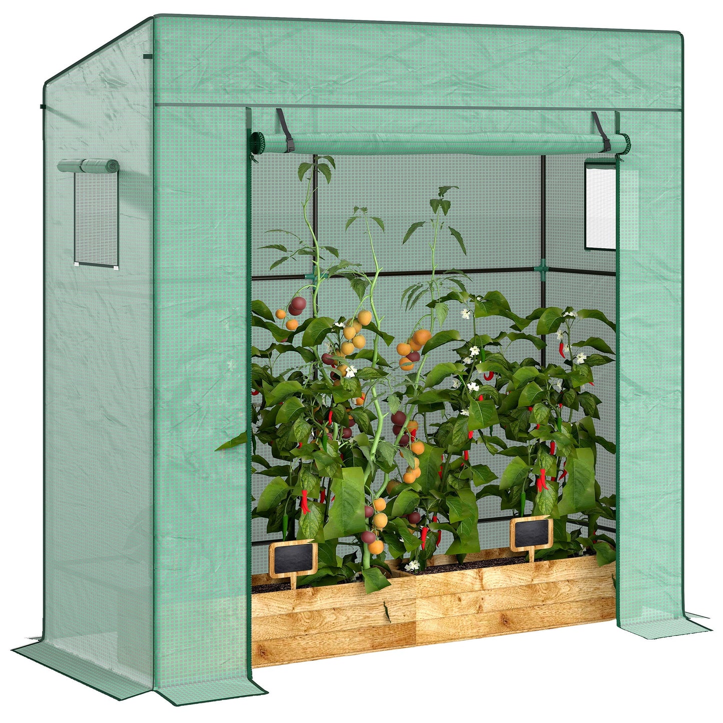 Lean-to Tomato Greenhouse with PE Cover, Walk-in Green House with Roll-up Door and 2 Mesh Windows, Portable Plant Grow House for Indoor Outdoor, 77.2"x30.3"x77.6", Green