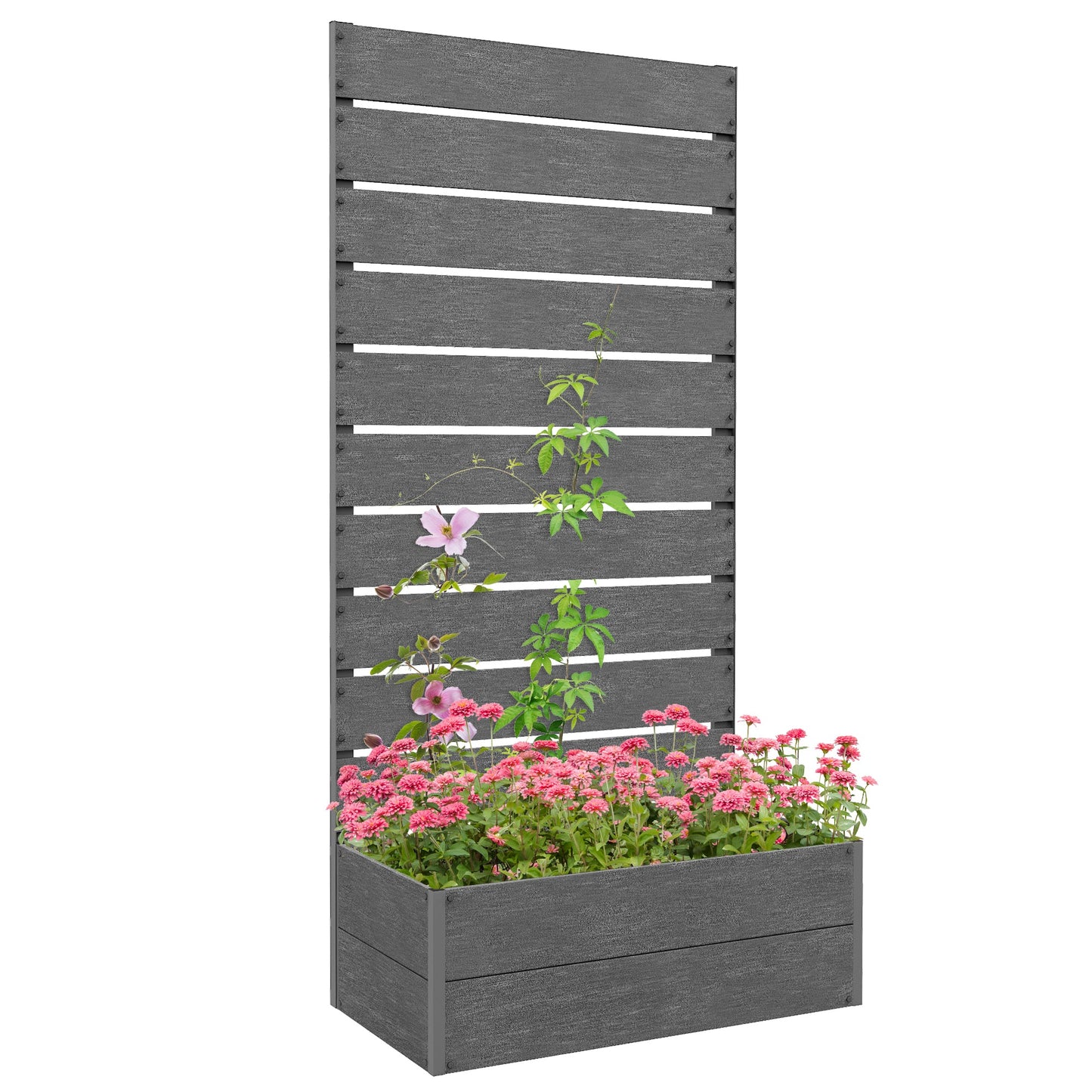 Raised Garden Bed with Trellis for Climbing Plants, 28" x 15" x 59" Planter Box with Self Draining Gap, Freestanding Trellis Planter for Outdoor, Patio, Dark Grey