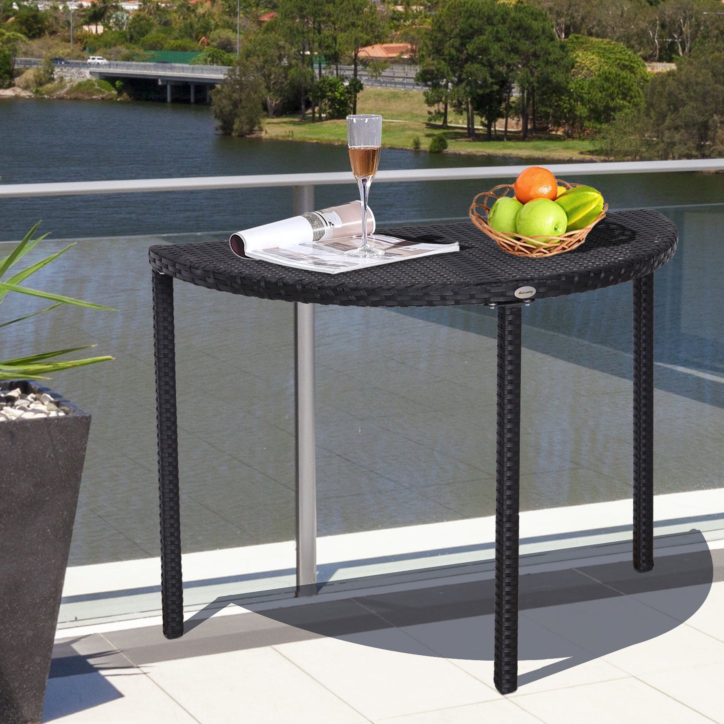 Half Round Side Table, PE Rattan Narrow Coffee Table with Metal Frame for Patio, Garden, Balcony, 39.4" x 19.7" x 29.1", Black
