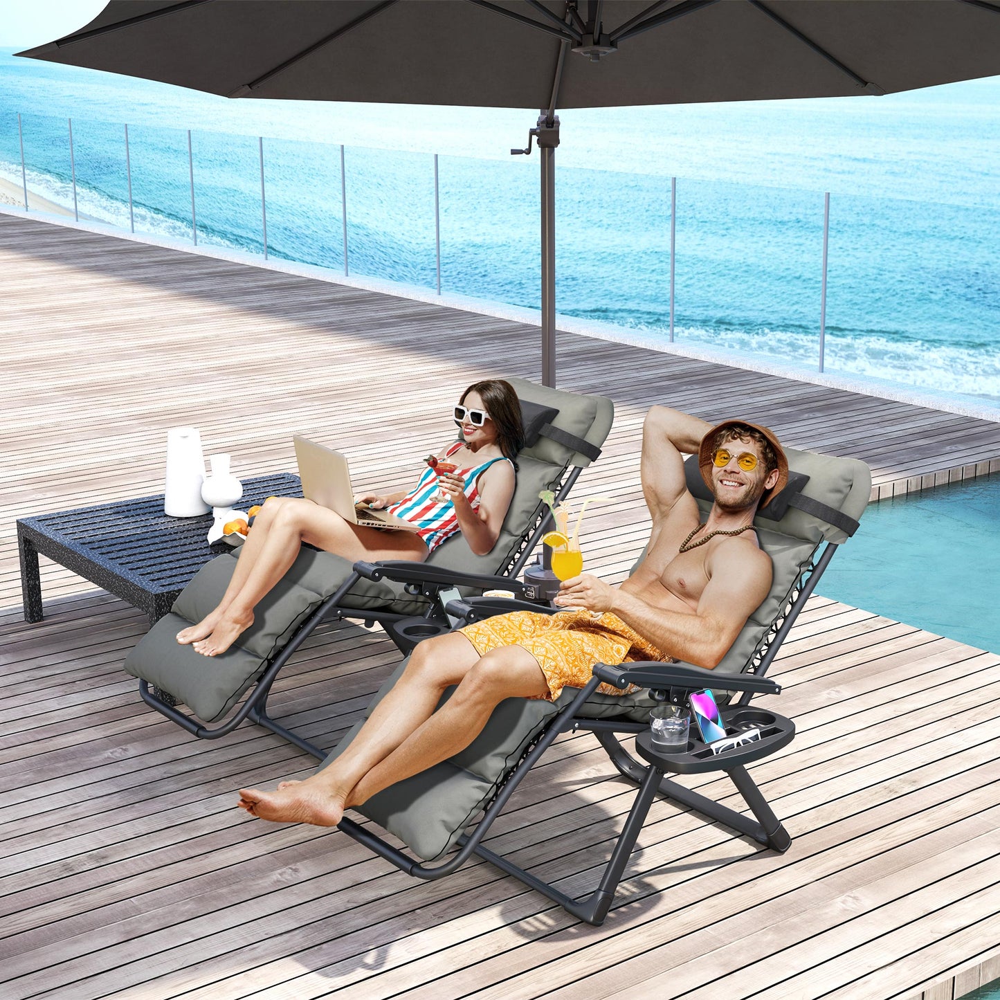 Reclining Zero Gravity Chair with Adjustable Backrest, Folding Garden Sun Lounger with Removable Cushion, Headrest Cup Phone Holder Tray, Set of 2, Grey