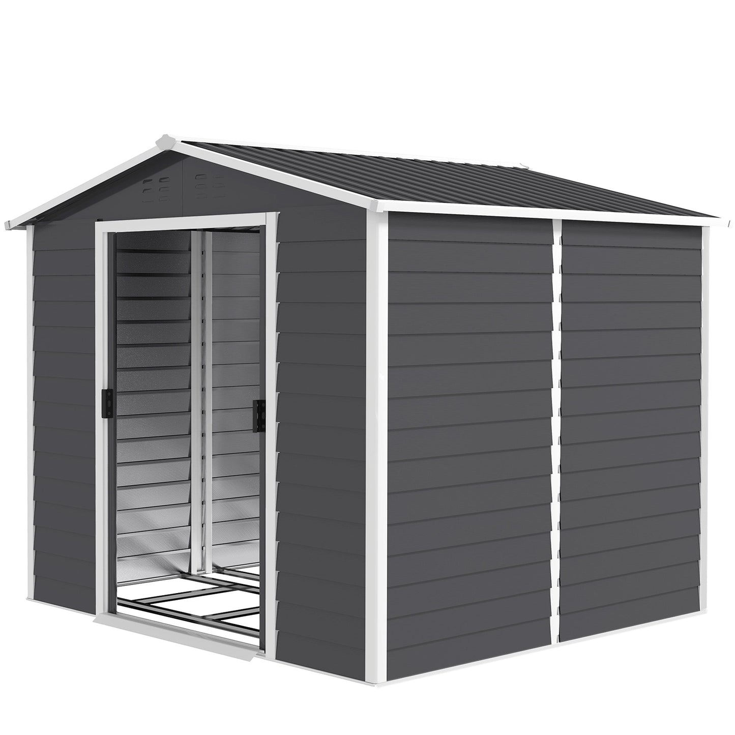 8' x 7' Outdoor Storage Shed, Easy to Assemble, Upgraded Galvanized Metal Garden Shed with Lockable Doors, Floor Frame and Gloves for Backyard, Lawn, Patio, Dark Grey