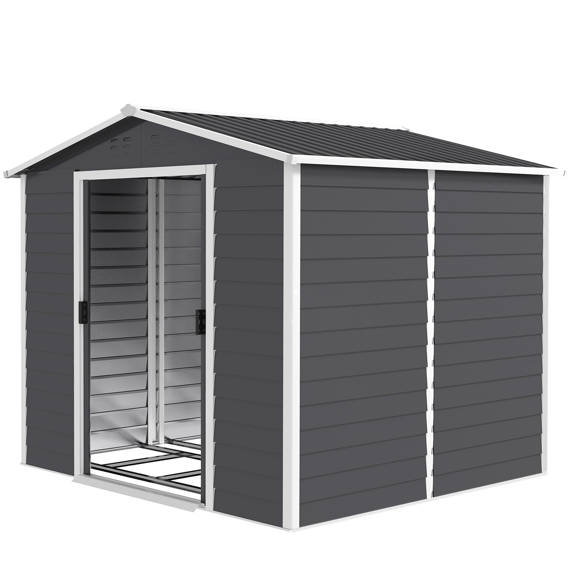 8' x 7' Outdoor Storage Shed, Easy to Assemble, Upgraded Galvanized Metal Garden Shed with Lockable Doors, Floor Frame and Gloves for Backyard, Lawn, Patio, Dark Grey