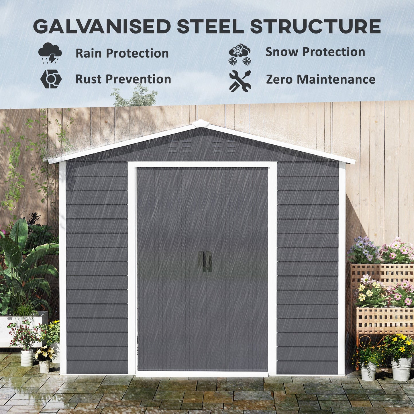 8' x 7' Outdoor Storage Shed, Easy to Assemble, Upgraded Galvanized Metal Garden Shed with Lockable Doors, Floor Frame and Gloves for Backyard, Lawn, Patio, Dark Grey