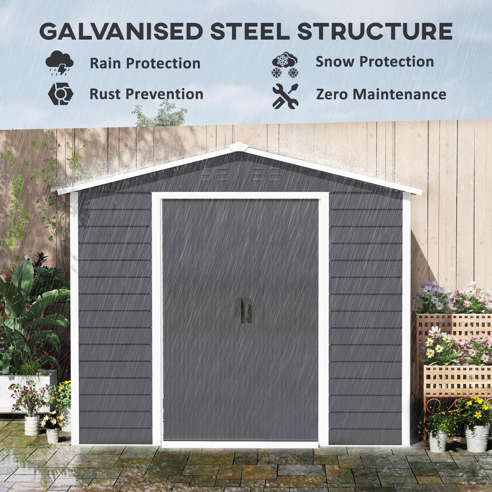 8' x 7' Outdoor Storage Shed, Easy to Assemble, Upgraded Galvanized Metal Garden Shed with Lockable Doors, Floor Frame and Gloves for Backyard, Lawn, Patio, Dark Grey
