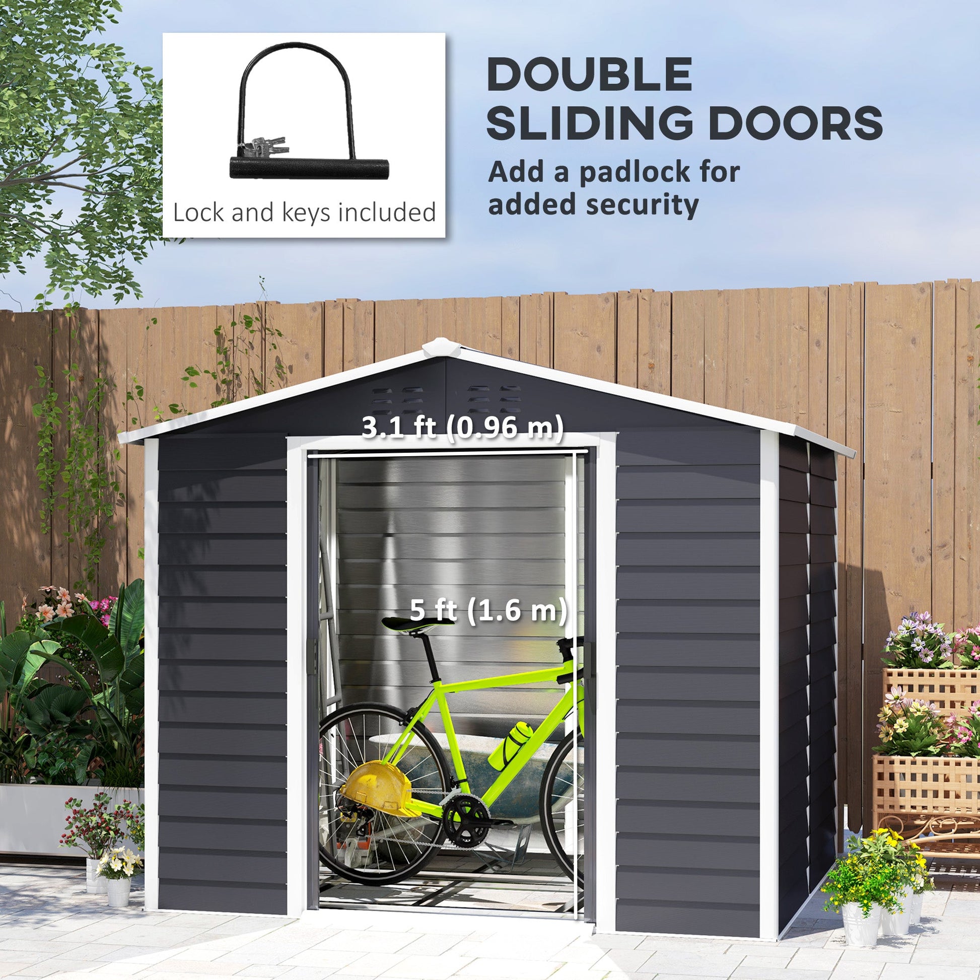 8' x 7' Outdoor Storage Shed, Easy to Assemble, Upgraded Galvanized Metal Garden Shed with Lockable Doors, Floor Frame and Gloves for Backyard, Lawn, Patio, Dark Grey