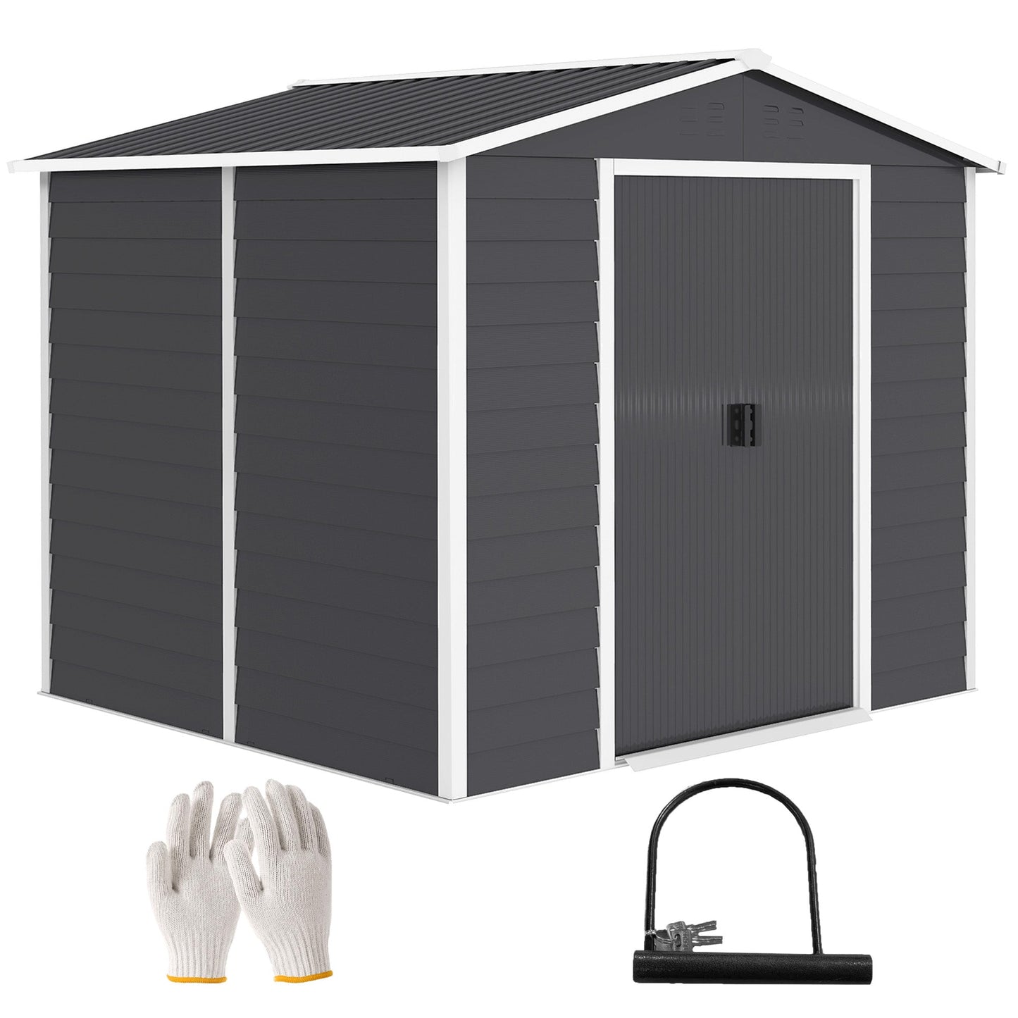 8' x 7' Outdoor Storage Shed, Easy to Assemble, Upgraded Galvanized Metal Garden Shed with Lockable Doors, Floor Frame and Gloves for Backyard, Lawn, Patio, Dark Grey