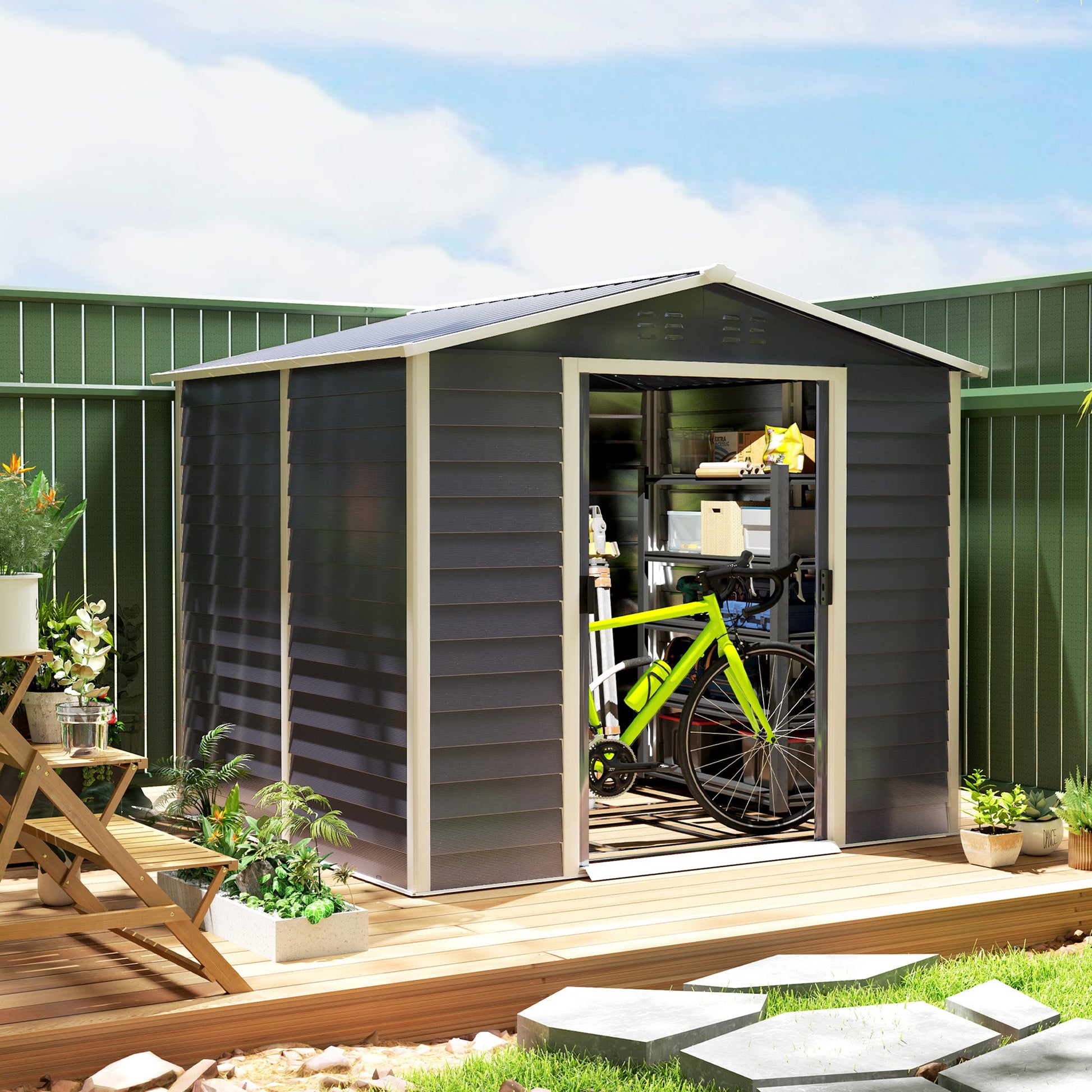 8' x 7' Outdoor Storage Shed, Easy to Assemble, Upgraded Galvanized Metal Garden Shed with Lockable Doors, Floor Frame and Gloves for Backyard, Lawn, Patio, Dark Grey