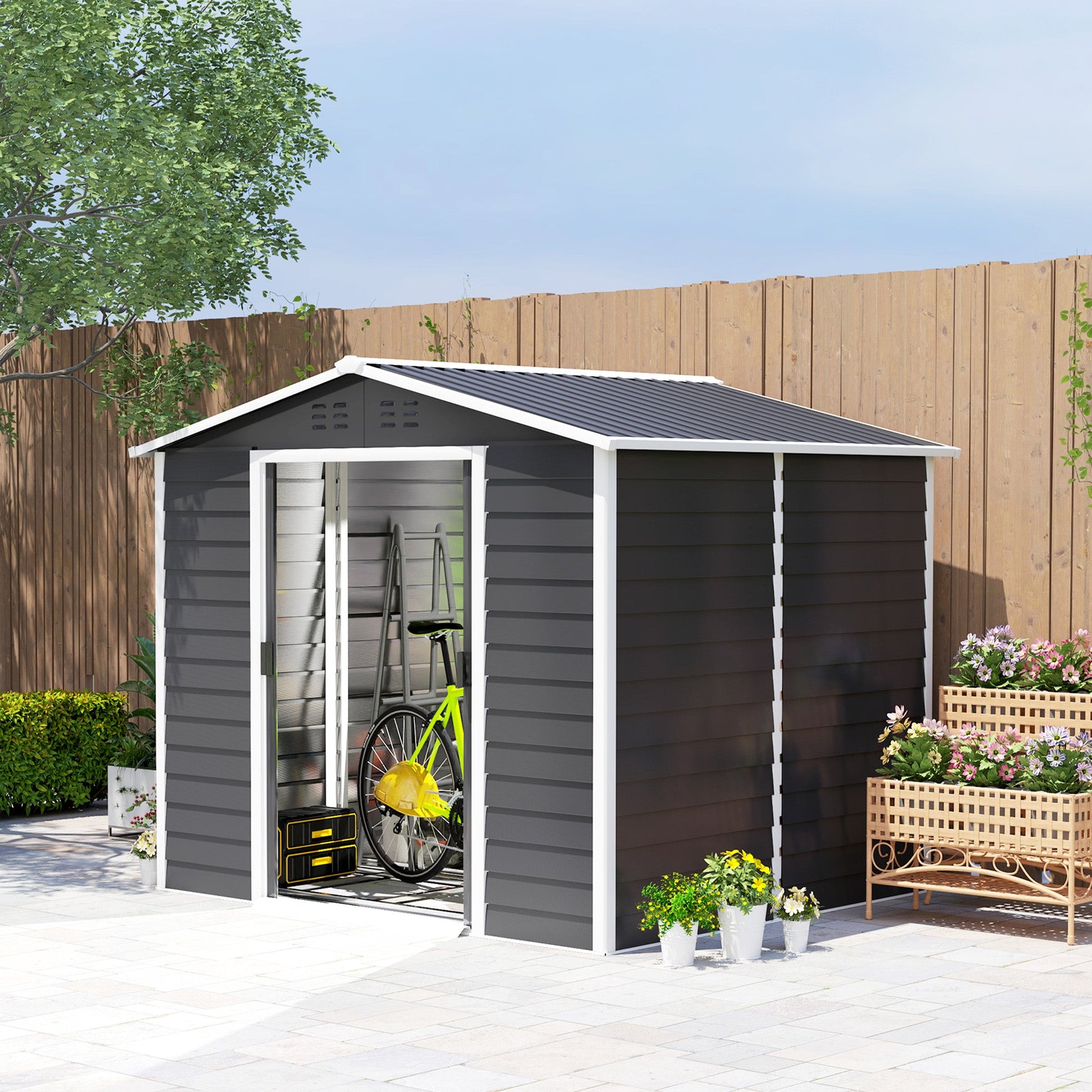 8' x 7' Outdoor Storage Shed, Easy to Assemble, Upgraded Galvanized Metal Garden Shed with Lockable Doors, Floor Frame and Gloves for Backyard, Lawn, Patio, Dark Grey