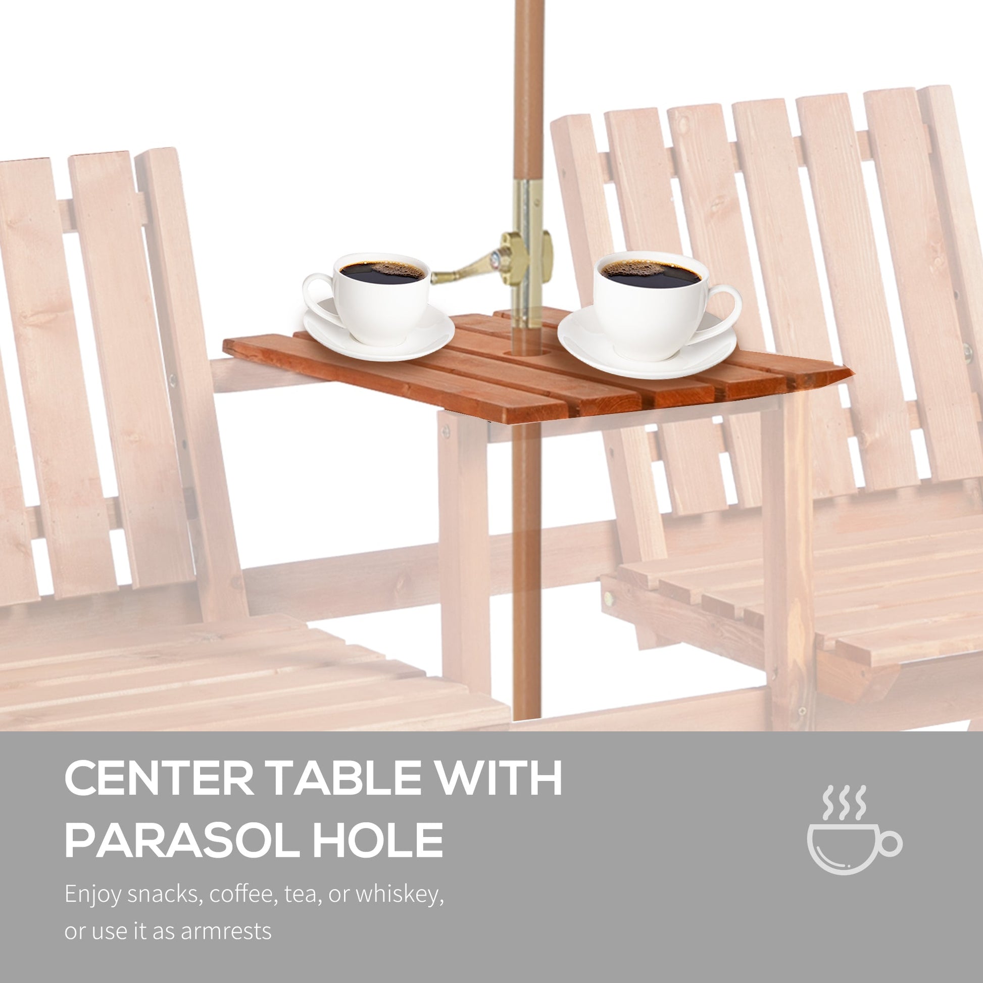 2-Seater Outdoor Wooden Bench with Middle Table and Umbrella Hole, Garden Bench for 2 Persons, Patio Loveseat with Slatted Seat and Back, Orange