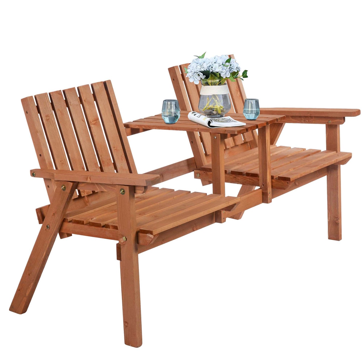 2-Seater Outdoor Wooden Bench with Middle Table and Umbrella Hole, Garden Bench for 2 Persons, Patio Loveseat with Slatted Seat and Back, Orange