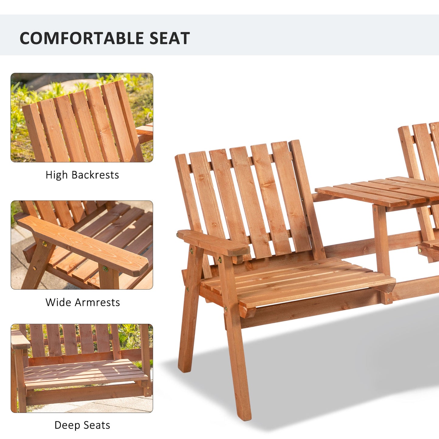 2-Seater Outdoor Wooden Bench with Middle Table and Umbrella Hole, Garden Bench for 2 Persons, Patio Loveseat with Slatted Seat and Back, Orange