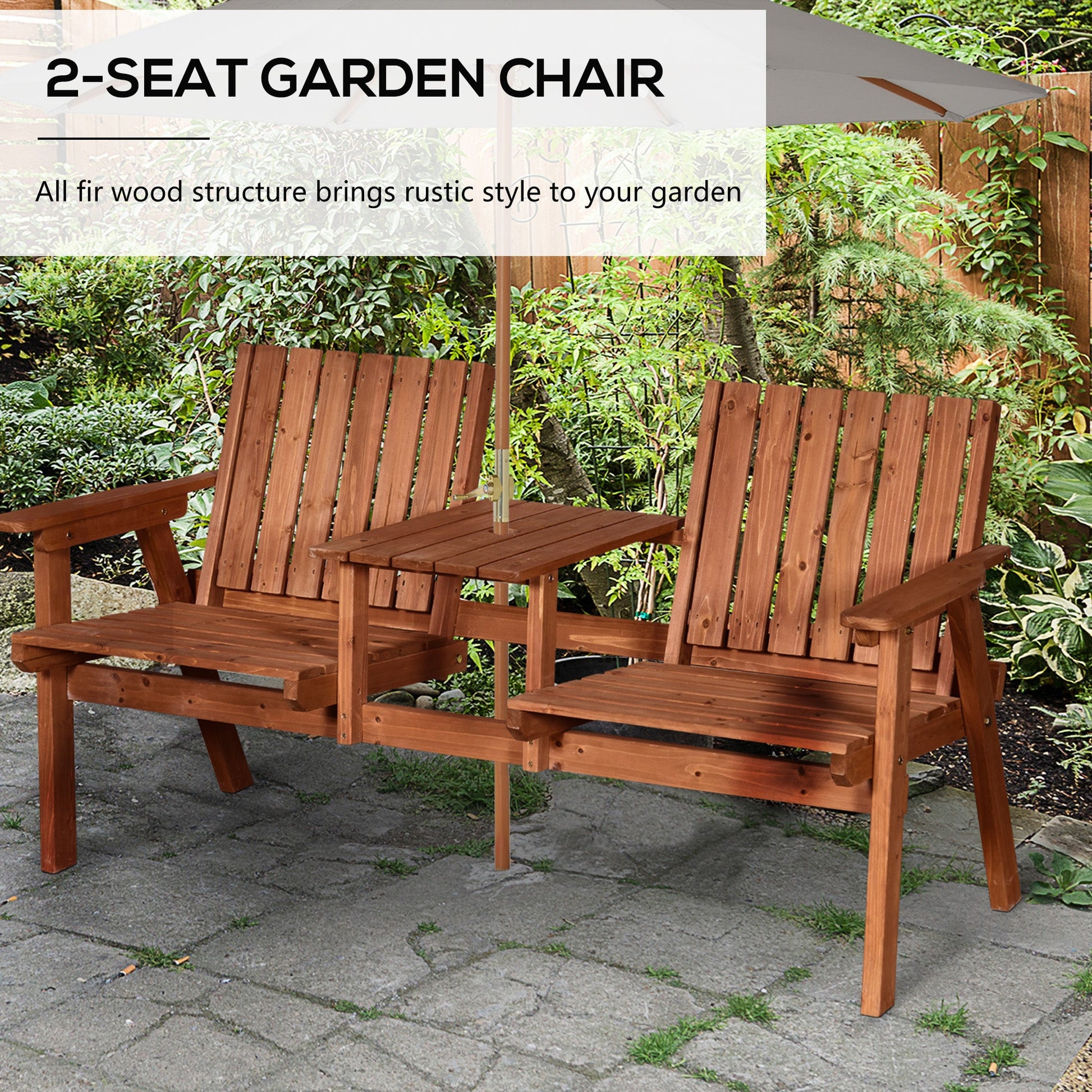 2-Seater Outdoor Wooden Bench with Middle Table and Umbrella Hole, Garden Bench for 2 Persons, Patio Loveseat with Slatted Seat and Back, Orange