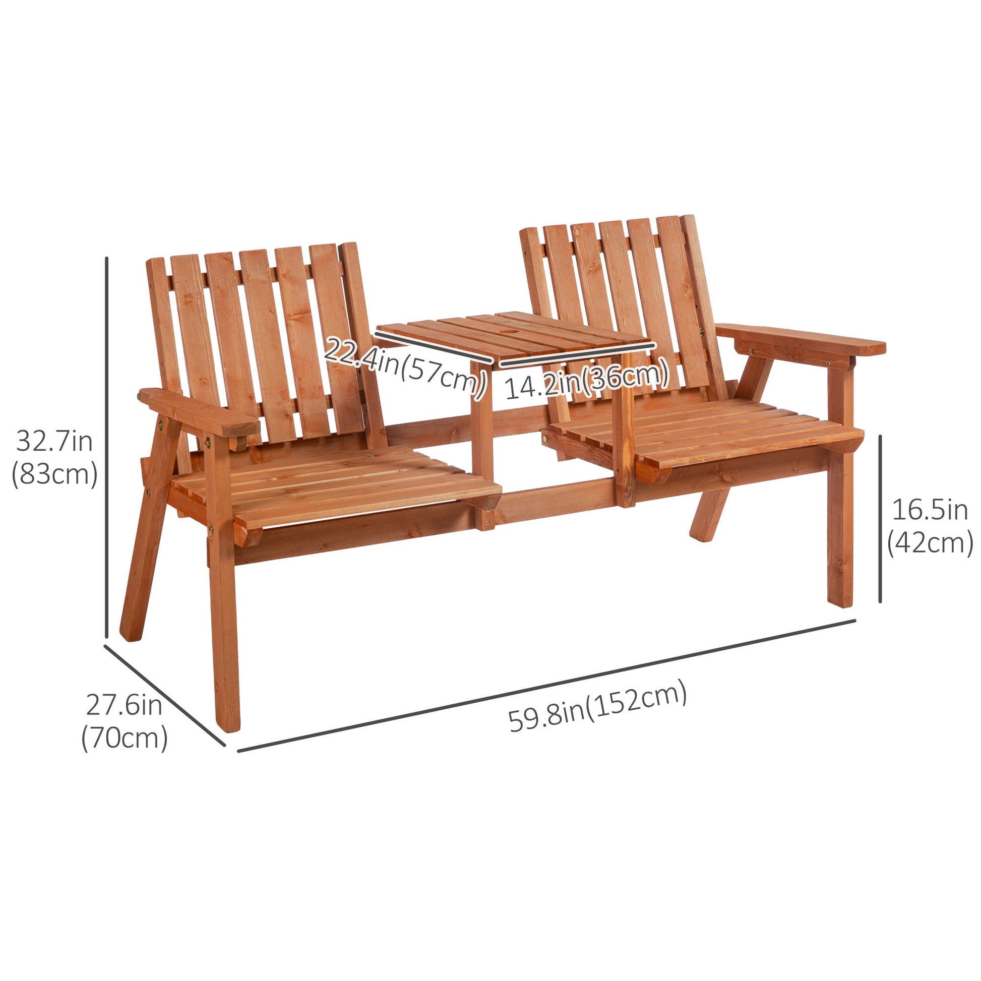 2-Seater Outdoor Wooden Bench with Middle Table and Umbrella Hole, Garden Bench for 2 Persons, Patio Loveseat with Slatted Seat and Back, Orange