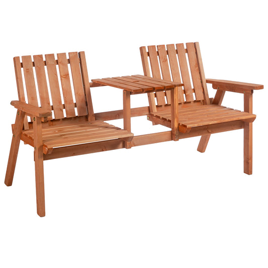 2-Seater Outdoor Wooden Bench with Middle Table and Umbrella Hole, Garden Bench for 2 Persons, Patio Loveseat with Slatted Seat and Back, Orange