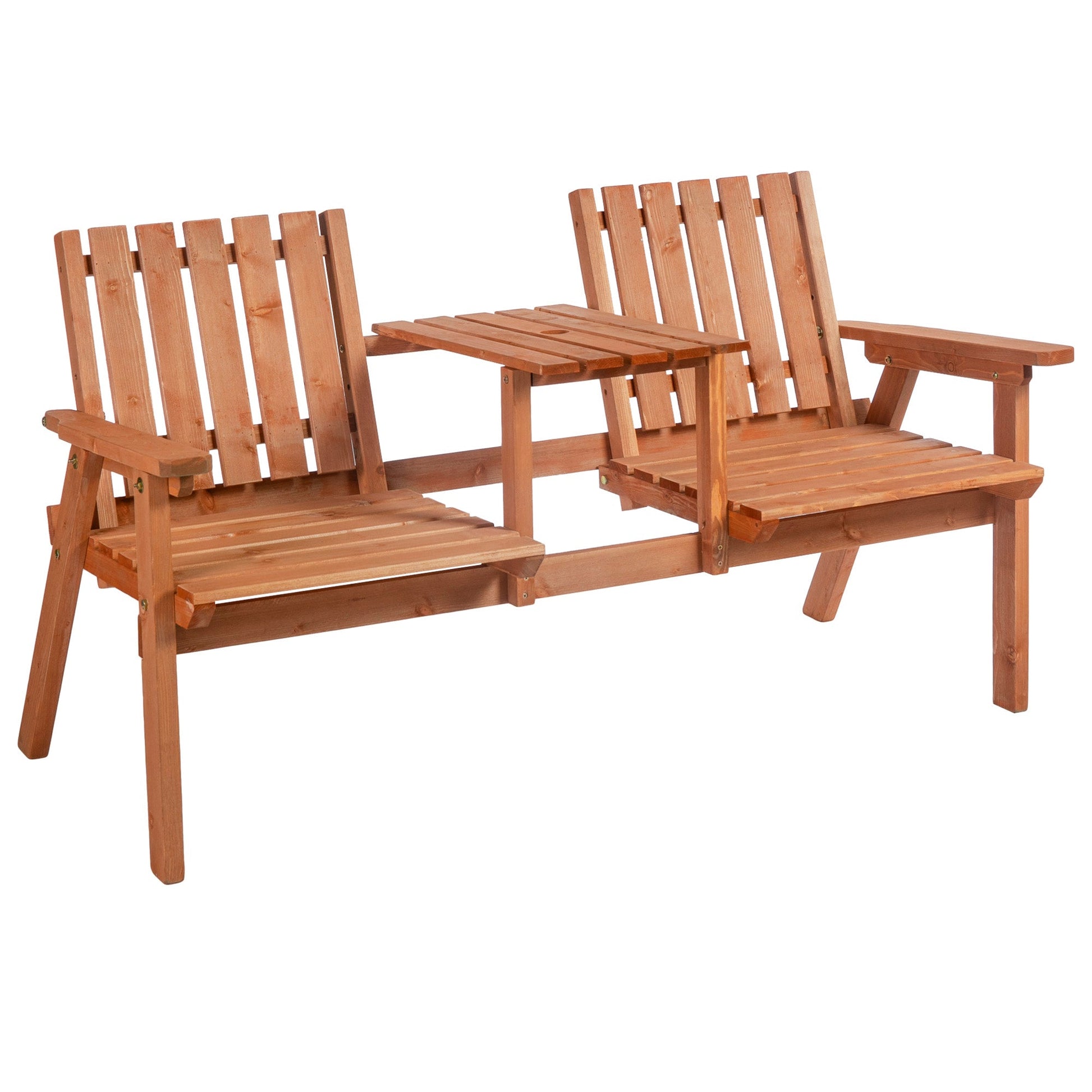 2-Seater Outdoor Wooden Bench with Middle Table and Umbrella Hole, Garden Bench for 2 Persons, Patio Loveseat with Slatted Seat and Back, Orange