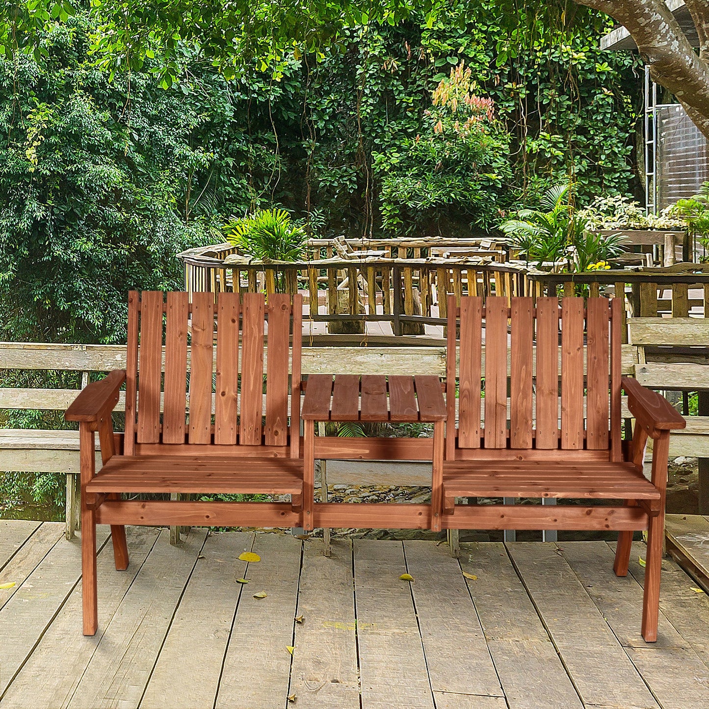 2-Seater Outdoor Wooden Bench with Middle Table and Umbrella Hole, Garden Bench for 2 Persons, Patio Loveseat with Slatted Seat and Back, Orange