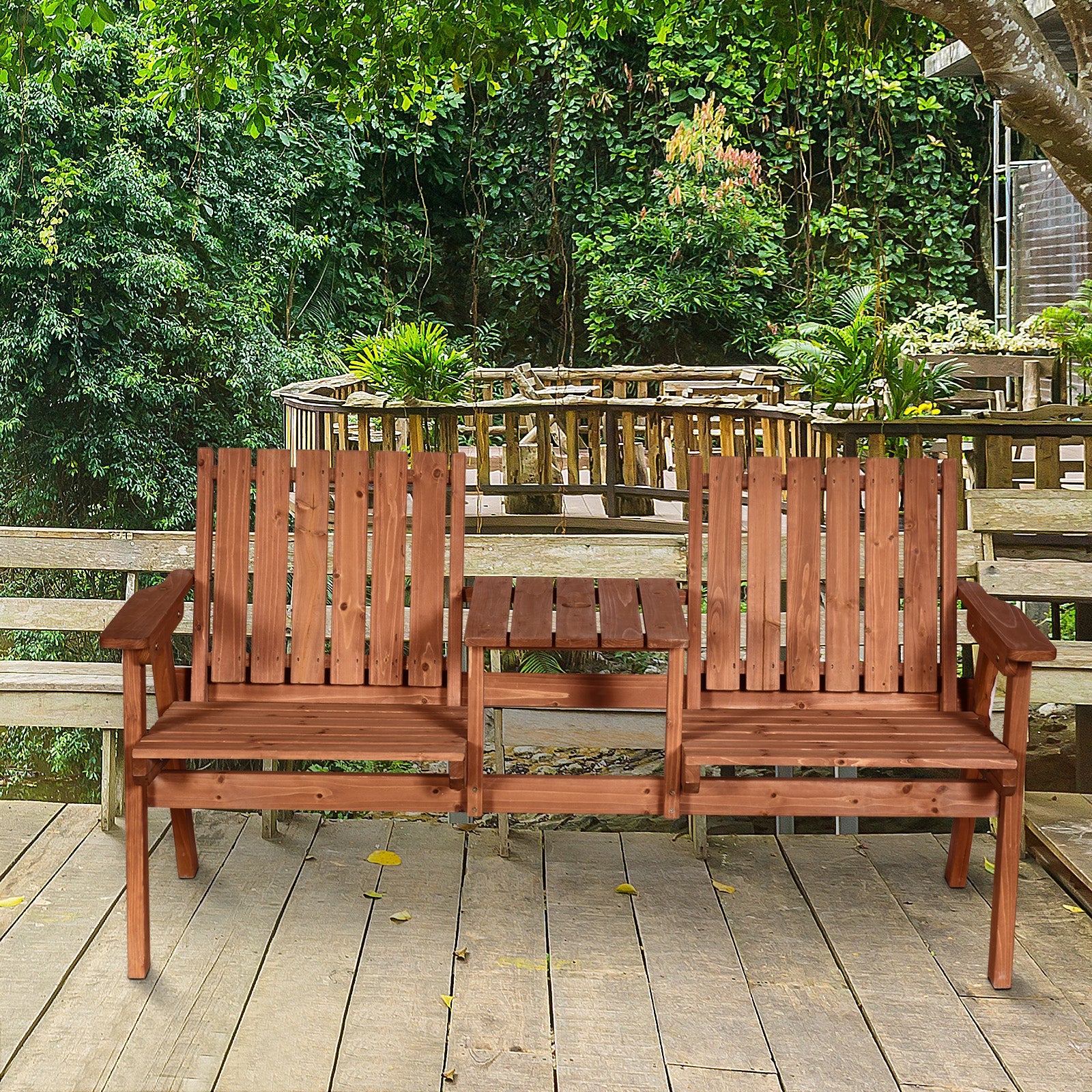 2-Seater Outdoor Wooden Bench with Middle Table and Umbrella Hole, Garden Bench for 2 Persons, Patio Loveseat with Slatted Seat and Back, Orange