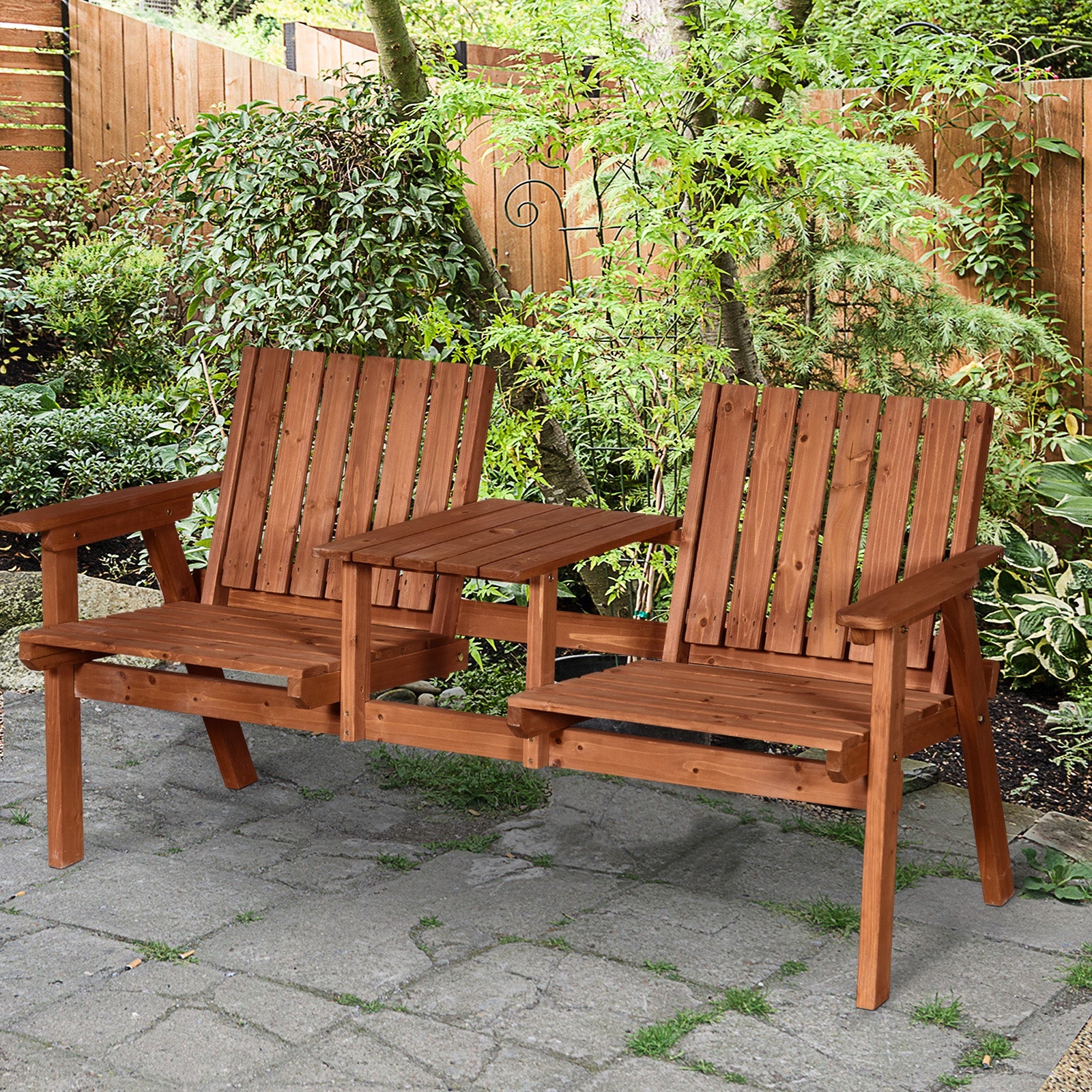 2-Seater Outdoor Wooden Bench with Middle Table and Umbrella Hole, Garden Bench for 2 Persons, Patio Loveseat with Slatted Seat and Back, Orange