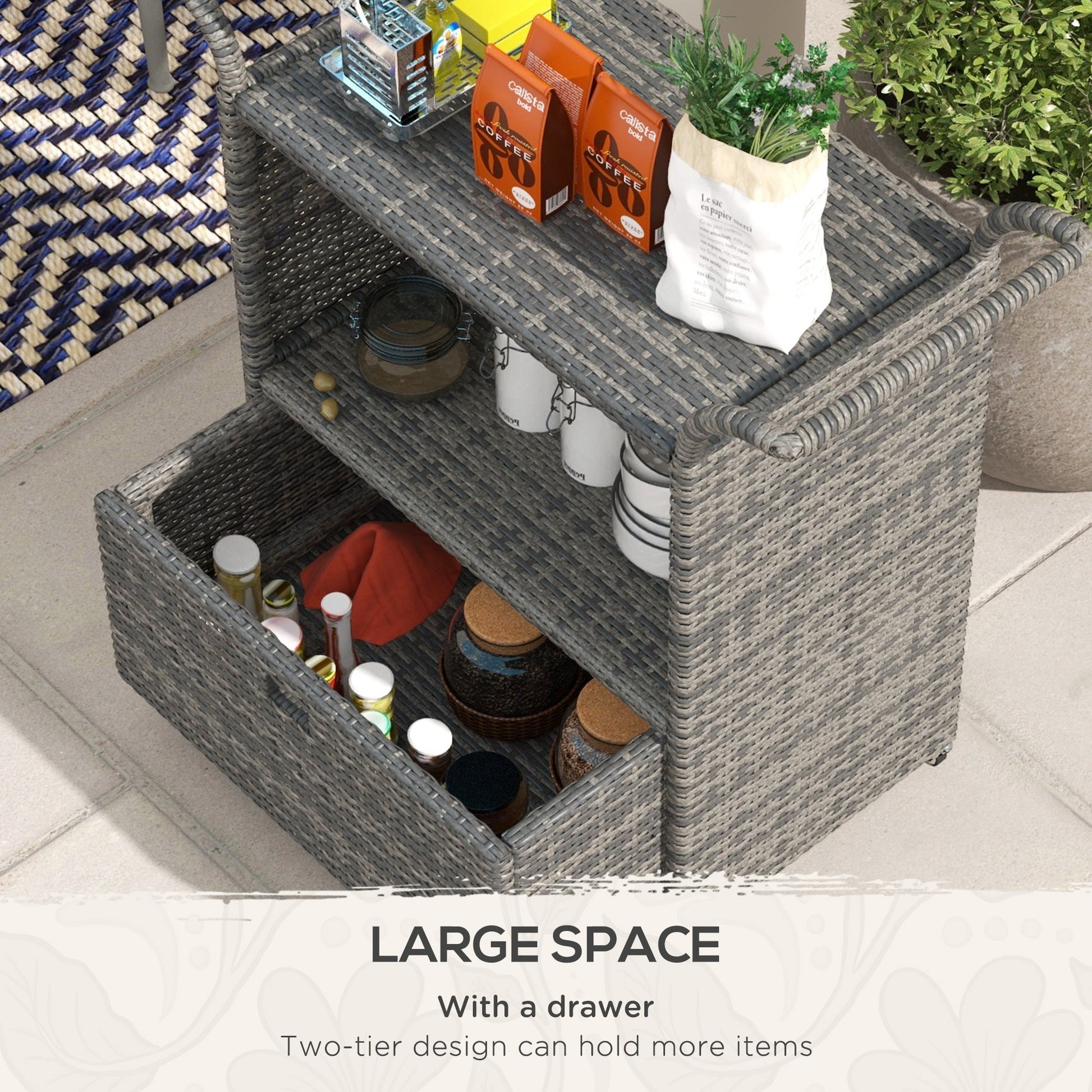 Patio PE Wicker Garden Serving Cart with 2-Tier Shelf, Outdoor Wheeled Rattan Food Cart with Drawer, Handles, for Poolside, Garden, Mixed Grey